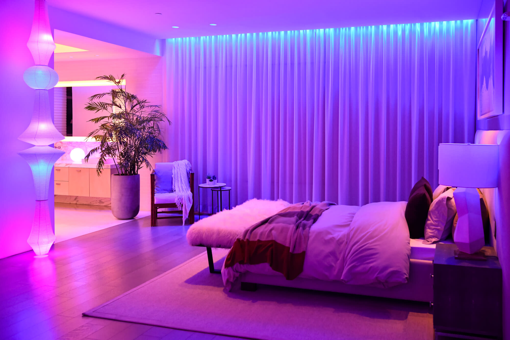 Bedroom with purple lights