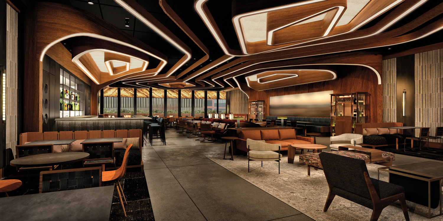 Interior of the Perelman Performing Arts Center with geometric, backlit ceiling and contemporary furnishings