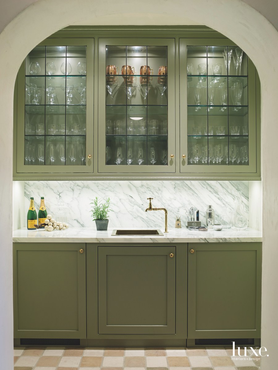 contemporary pantry glass doors and cabinetry marble countertop