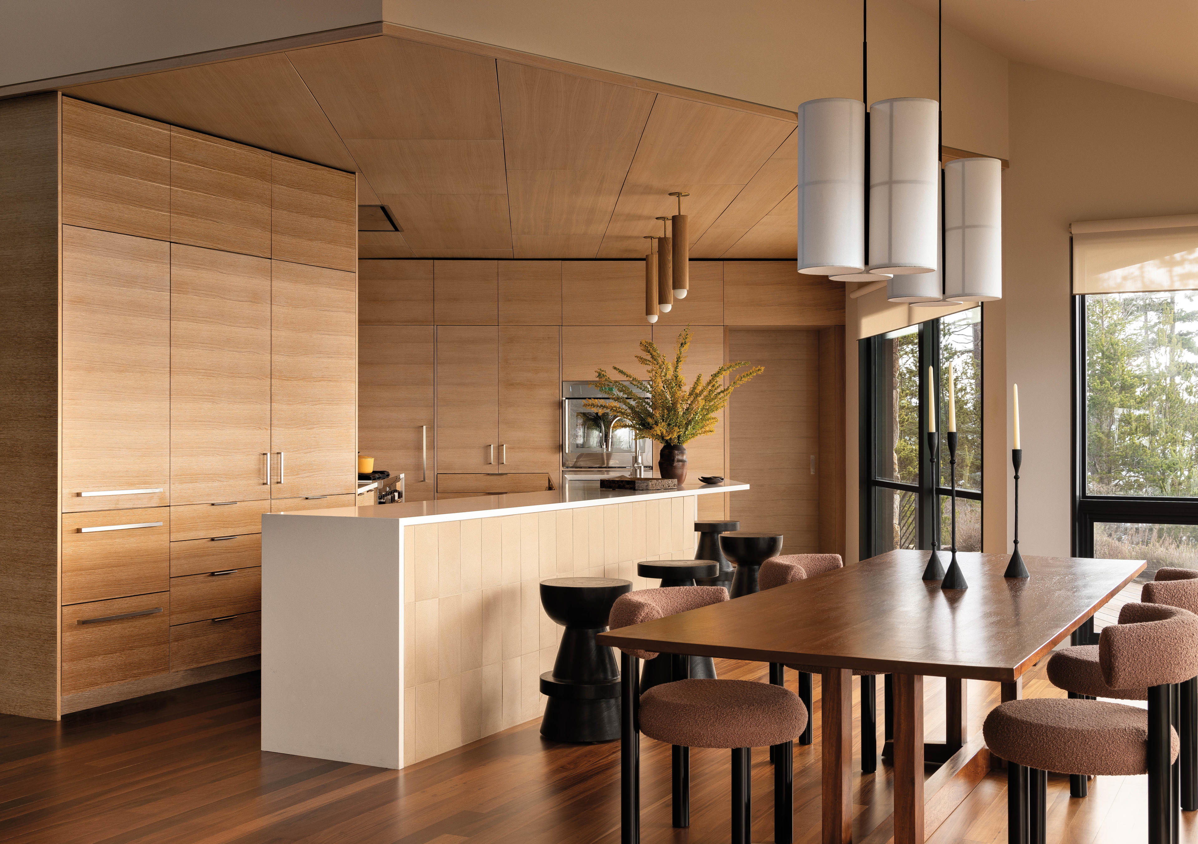 modern white oak kitchen with Arto tile on the island and Caesarstone countertop