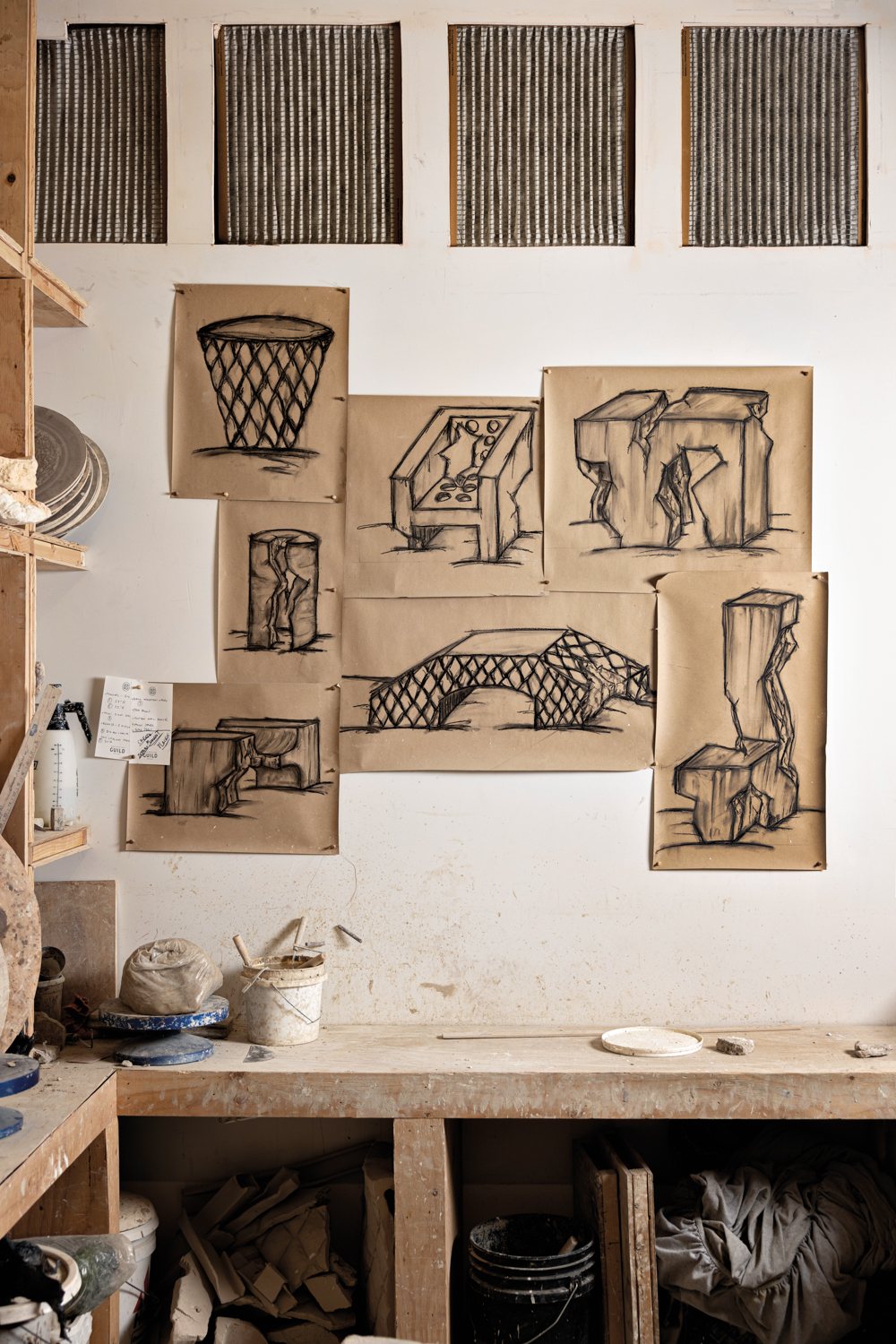 Black and white sketches in Casey Zablocki's studio