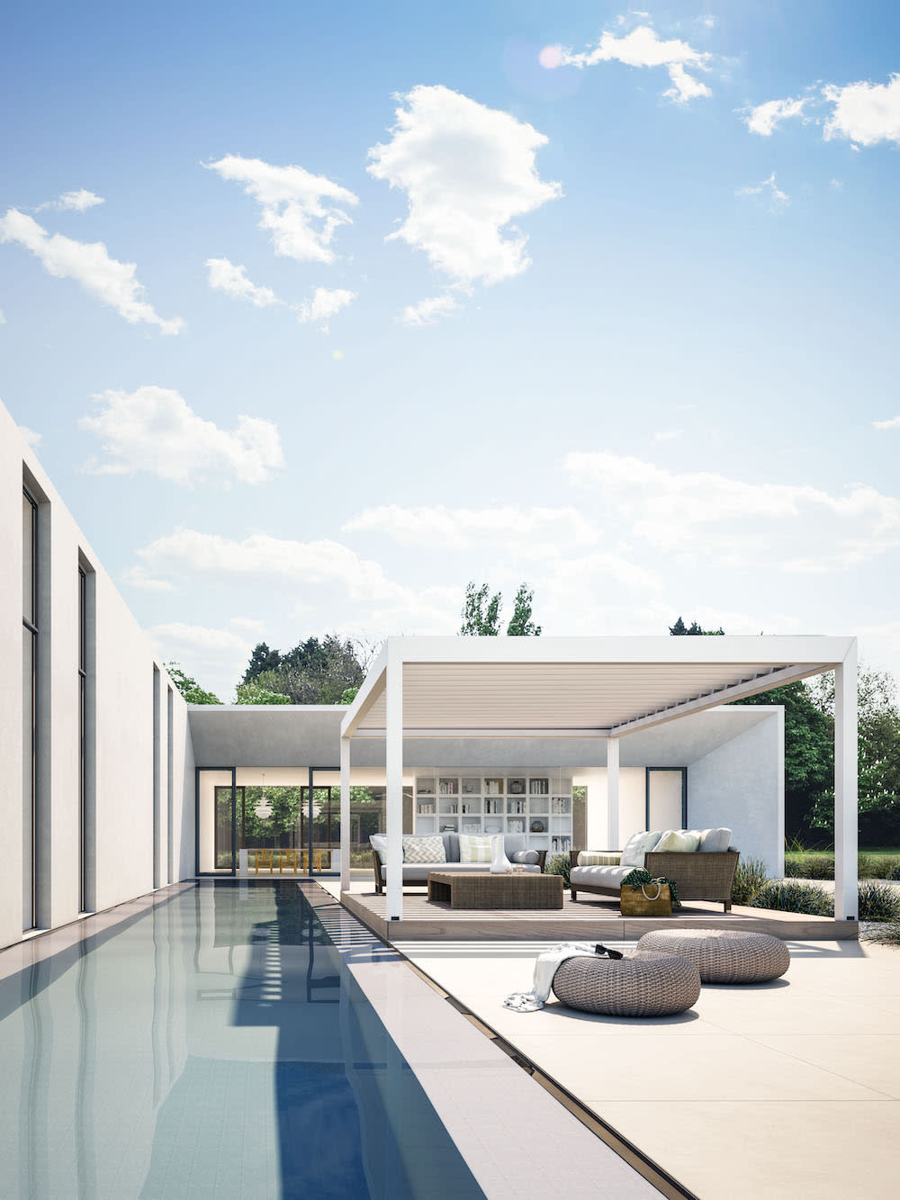 white motorized pergola on outdoor patio with infinity pool and modern furniture