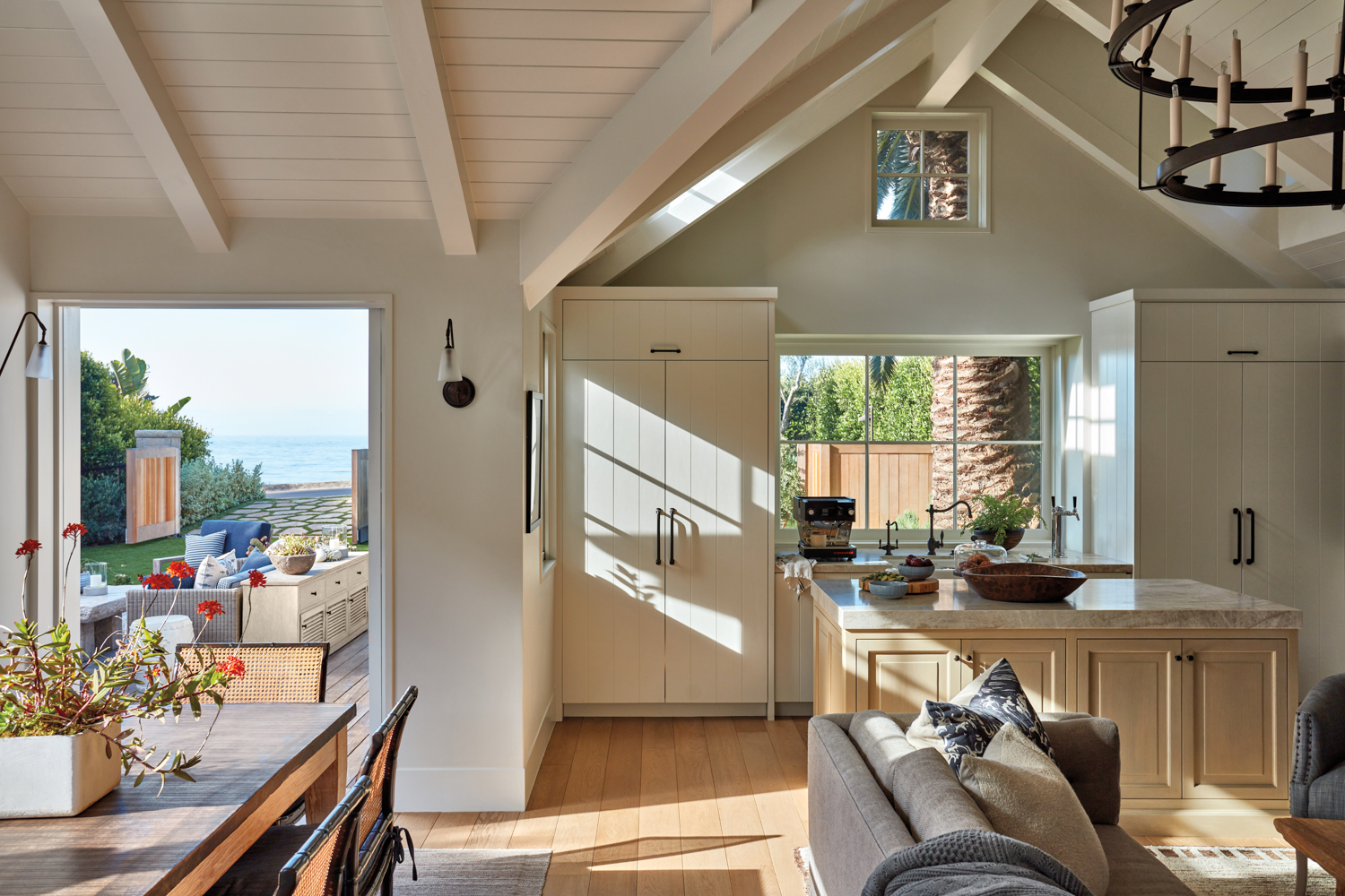 modern pool house kitchen painted white