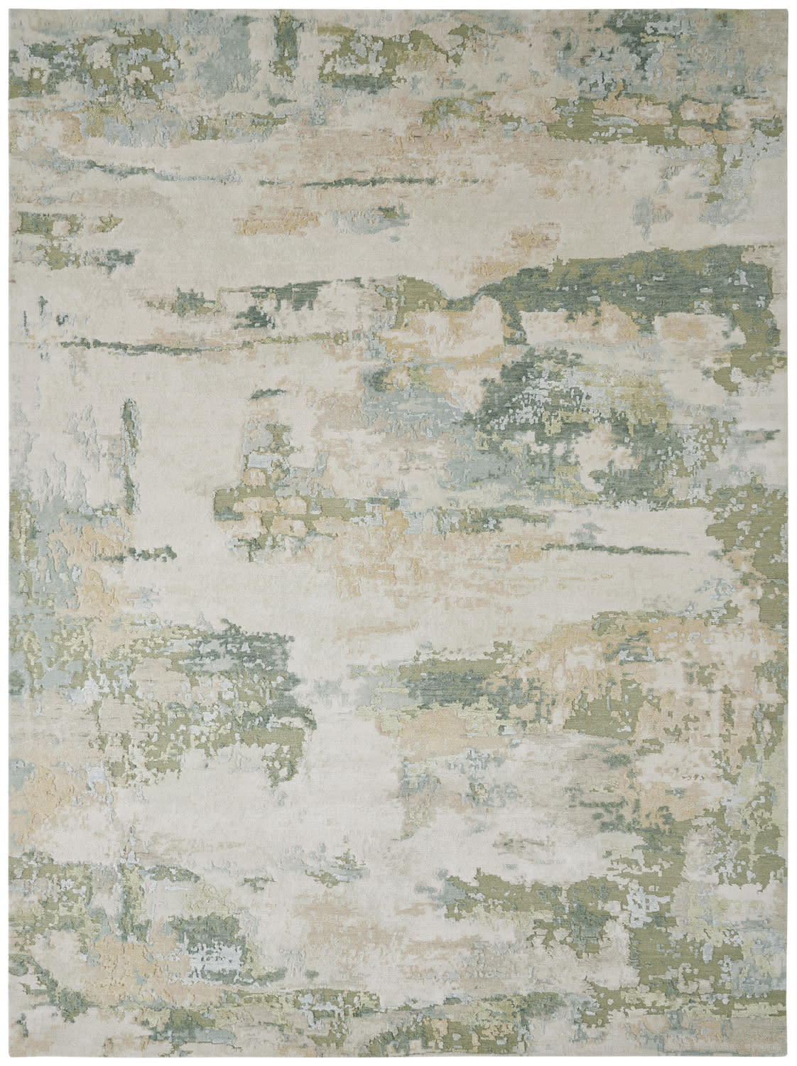 Abstract rug with a textured pattern of muted green, beige, and blue hues. The design resembles a natural landscape, evoking a calm, earthy feel.