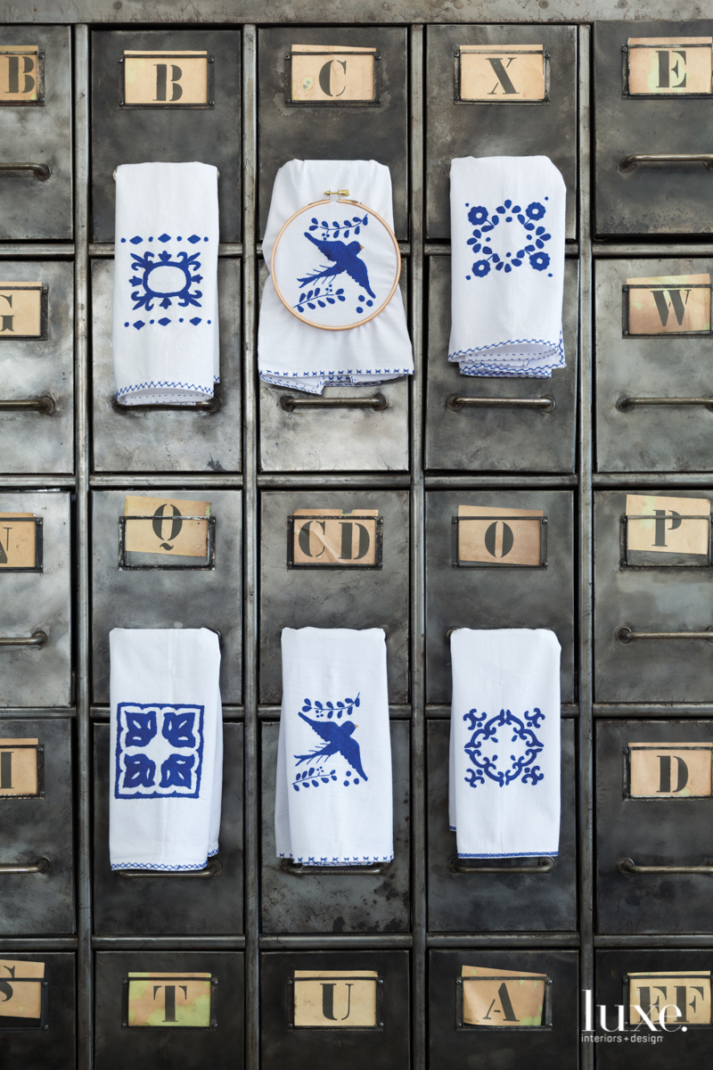 blue white embroidery towels