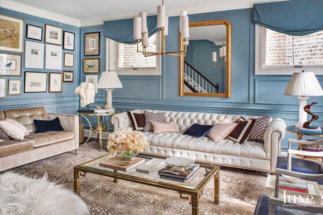 Traditional Blue Media Room with Tufted Sofa | LUXE Interiors + Design