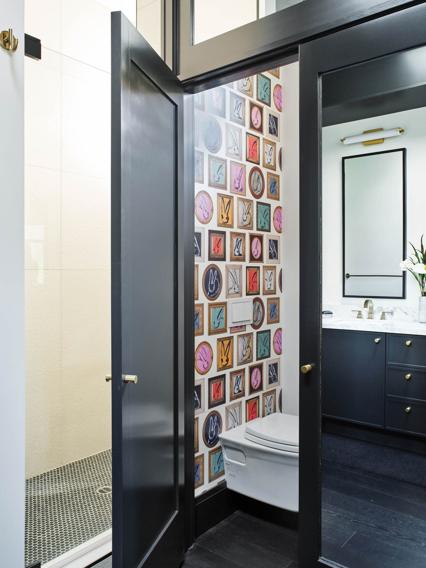 pop art print wallpaper lines a powder room