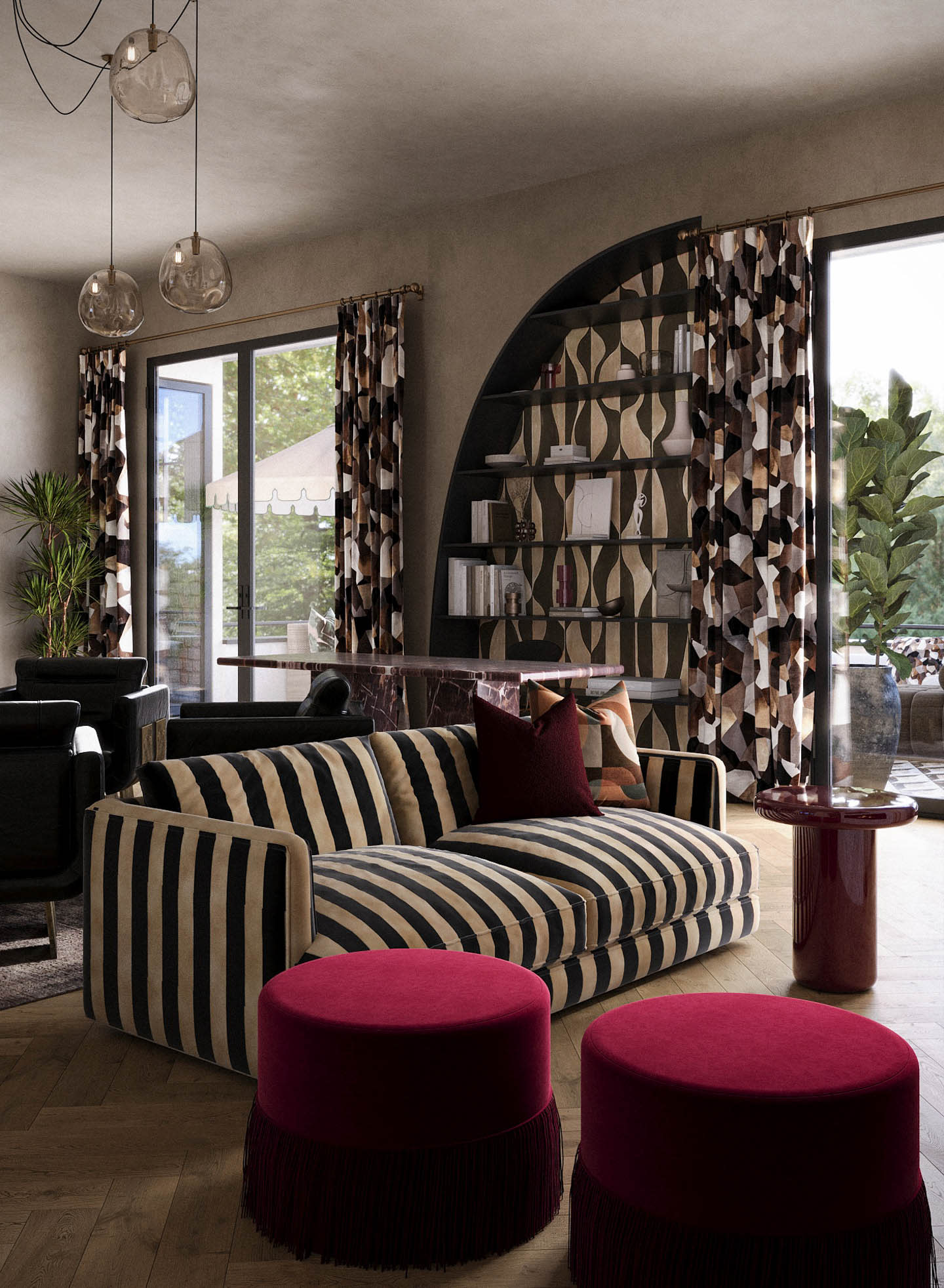 A living room showcasing a striped couch paired with an ottoman, emphasizing a modern and comfortable design.
