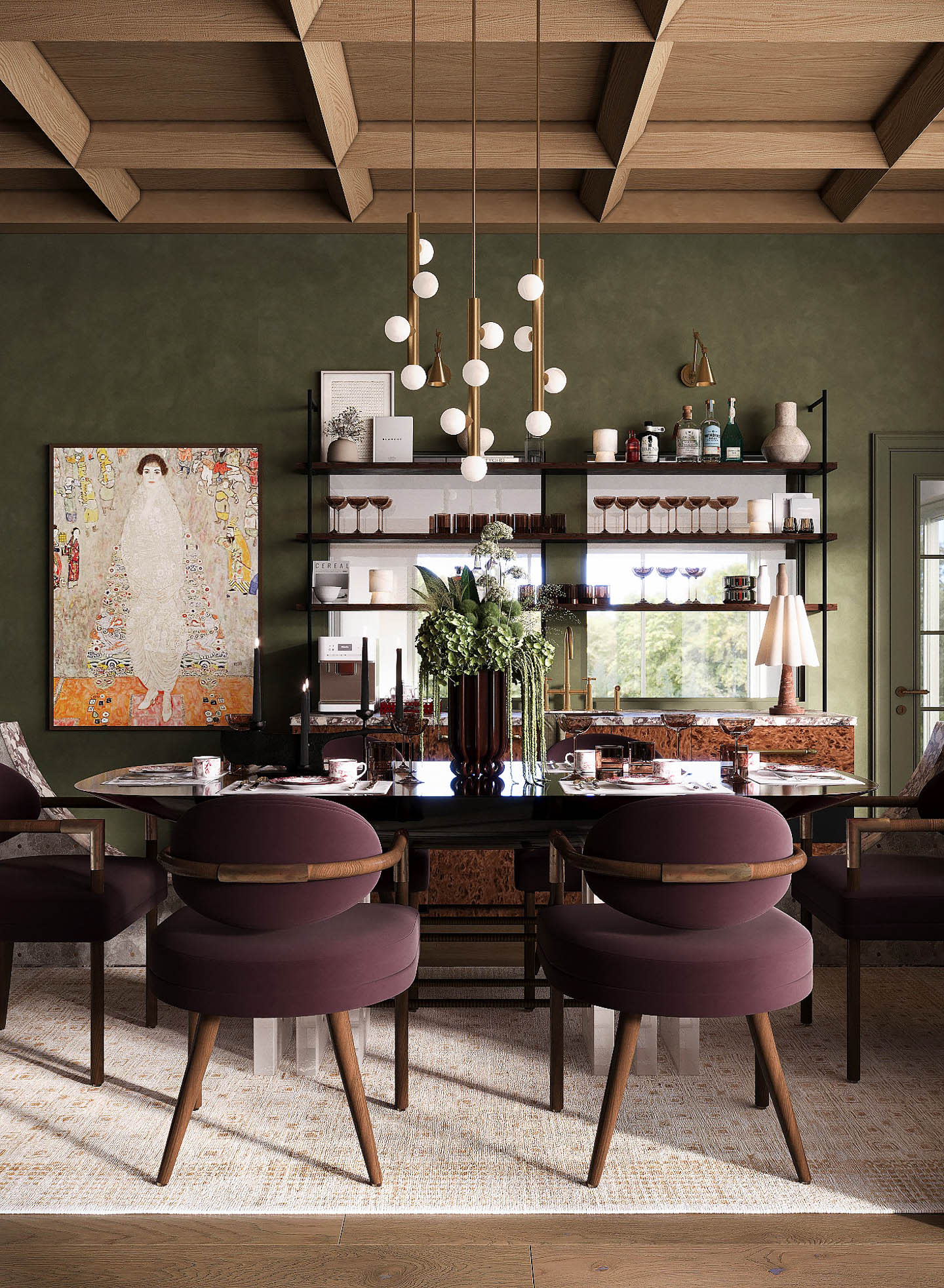 A bright dining room with a round table and four chairs, decorated with a centerpiece and natural light streaming in.