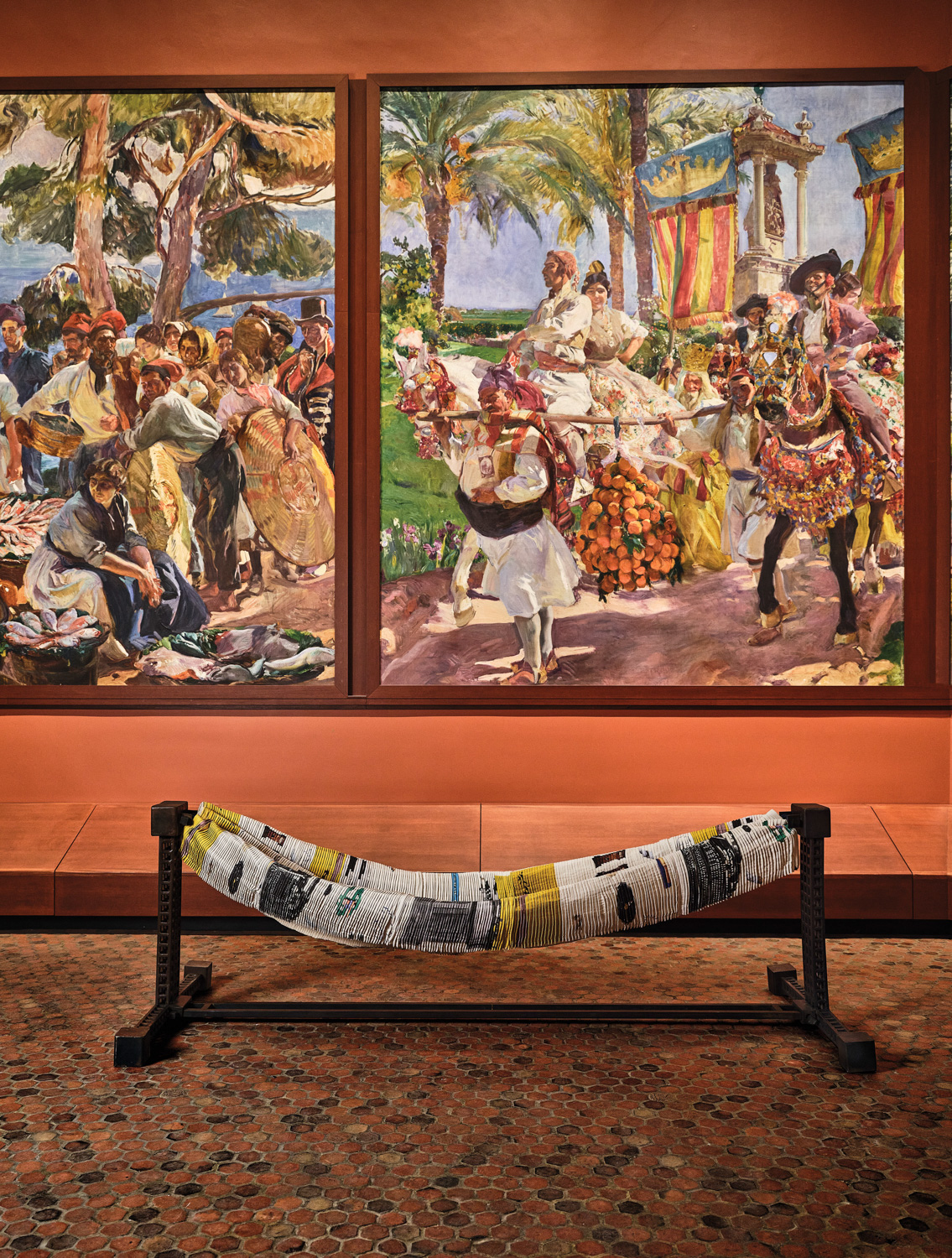 2-part artwork celebrating a royal procession behind a hammock