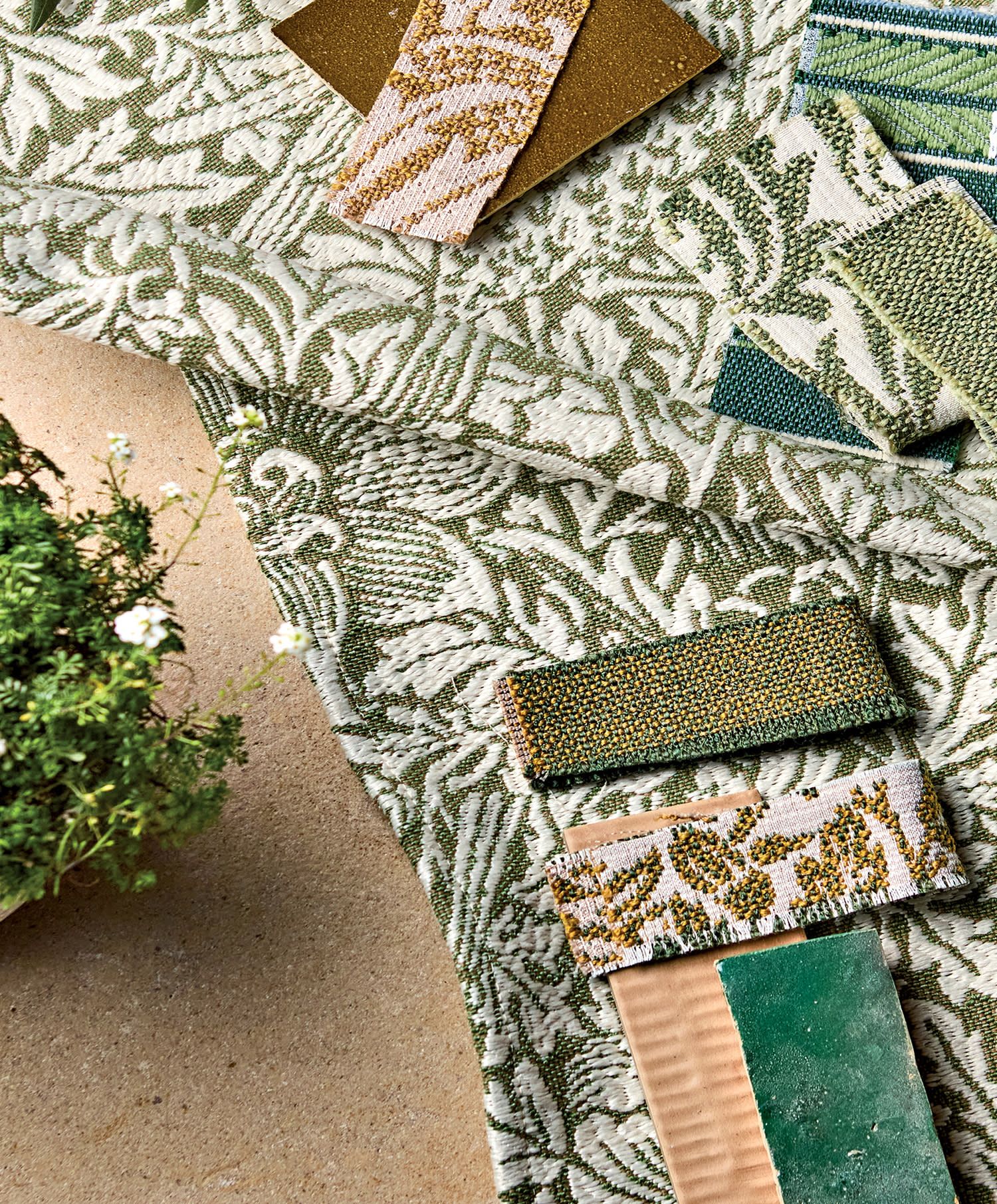 green and brown textile swatches from Morris & Co.'s new line