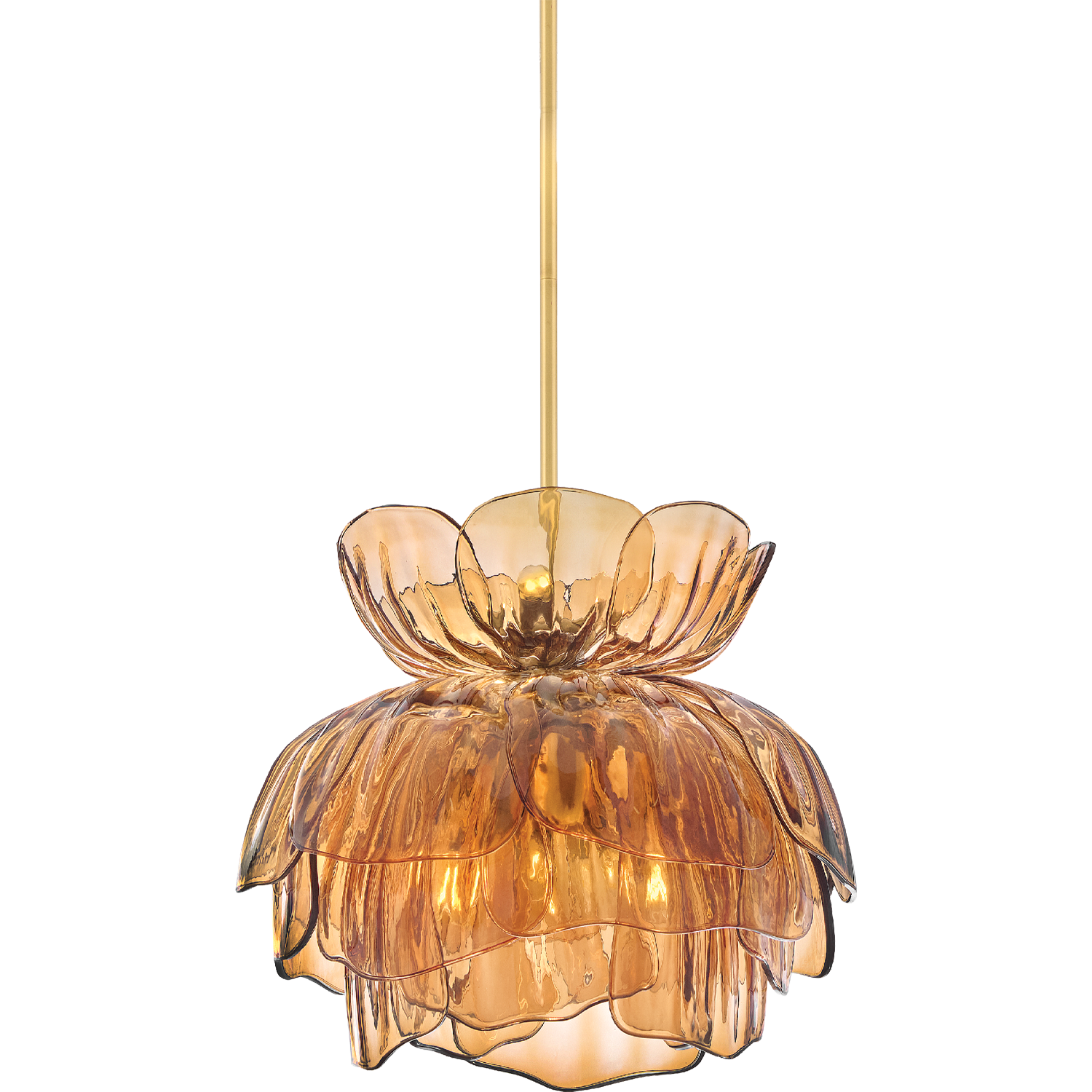 A pendant light featuring a golden, flower-shaped glass shade with layered petals. Warm light glows softly, creating an elegant and artistic ambiance.
