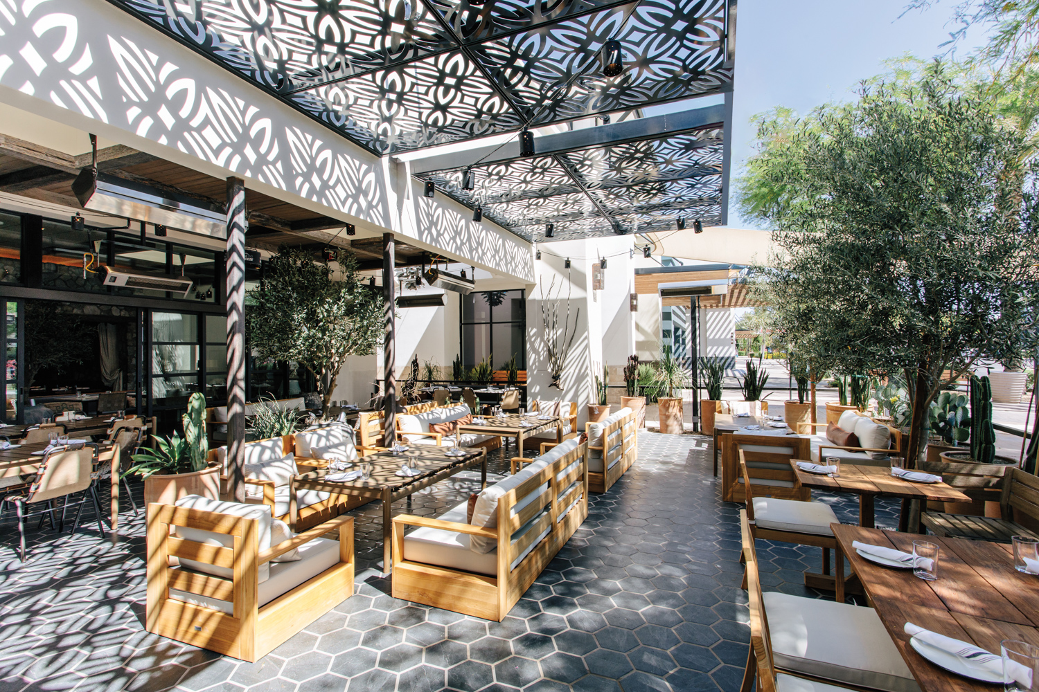 Outdoor seating at The Vig with wooden chairs and cacti