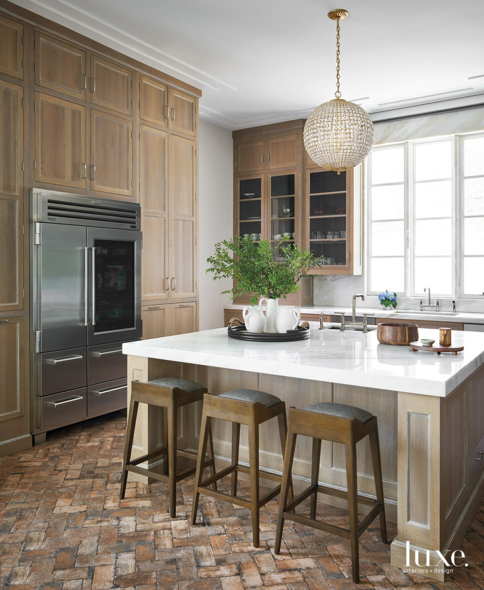 light wood kitchen reclaimed brick flooring