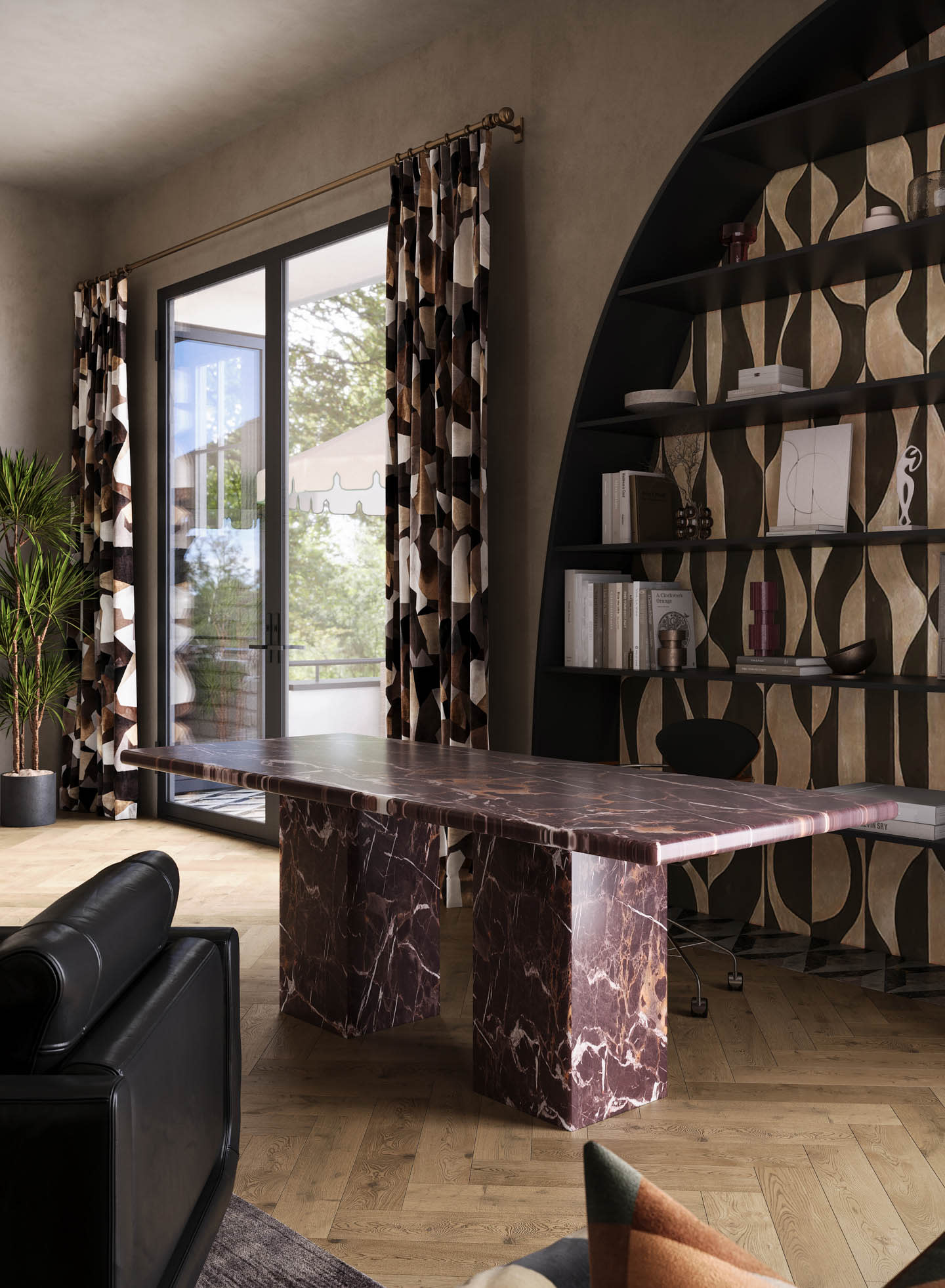 Modern room with a marble table, curved shelves, and geometric curtains. Warm tones and natural light create a sophisticated, cozy atmosphere.
