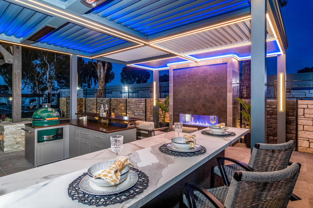 exterior kitchen with built-in grill, motorized roof system and LED lighting