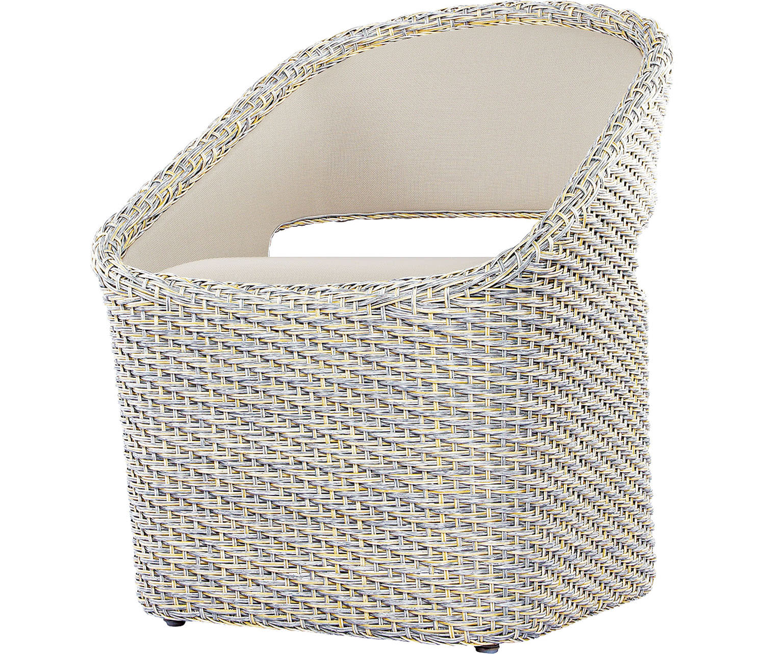 Stylish, modern armchair with a grey wicker weave and a curved back. Features a cream cushion, conveying elegance and comfort on a white background.