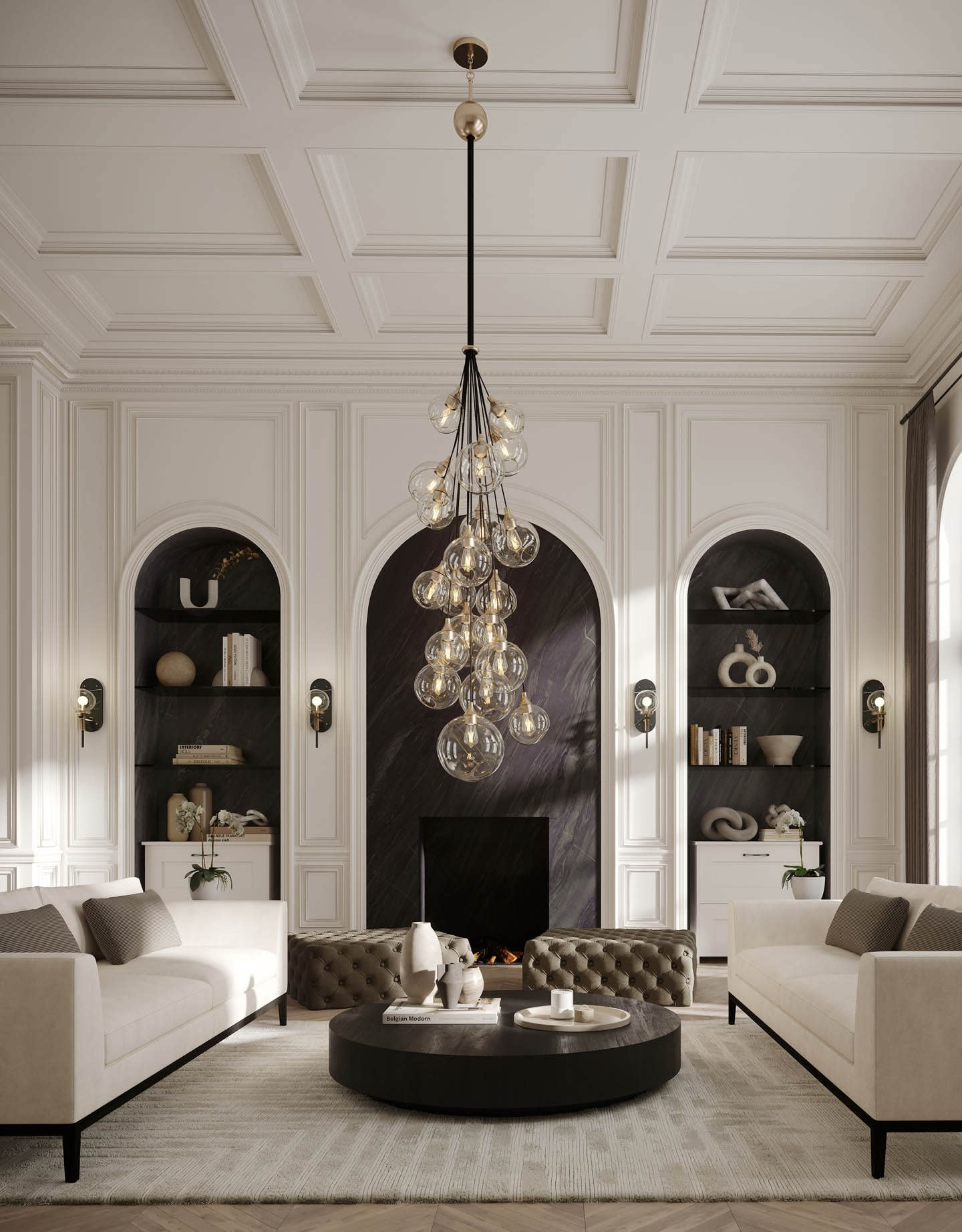 living room with Lisa McDennon's Skye chandelier and arched niches along the wall
