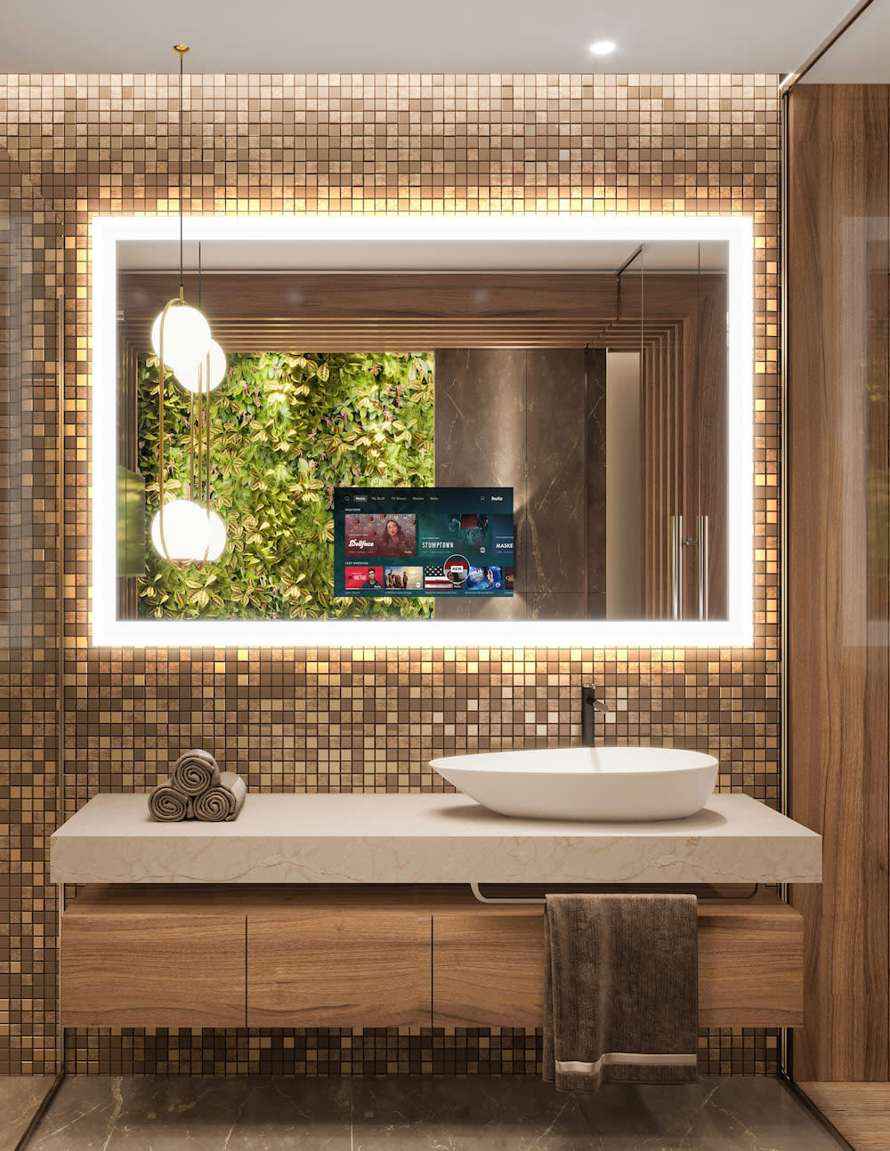A contemporary bathroom featuring a spacious mirror with tv inset and floating wood vanity.