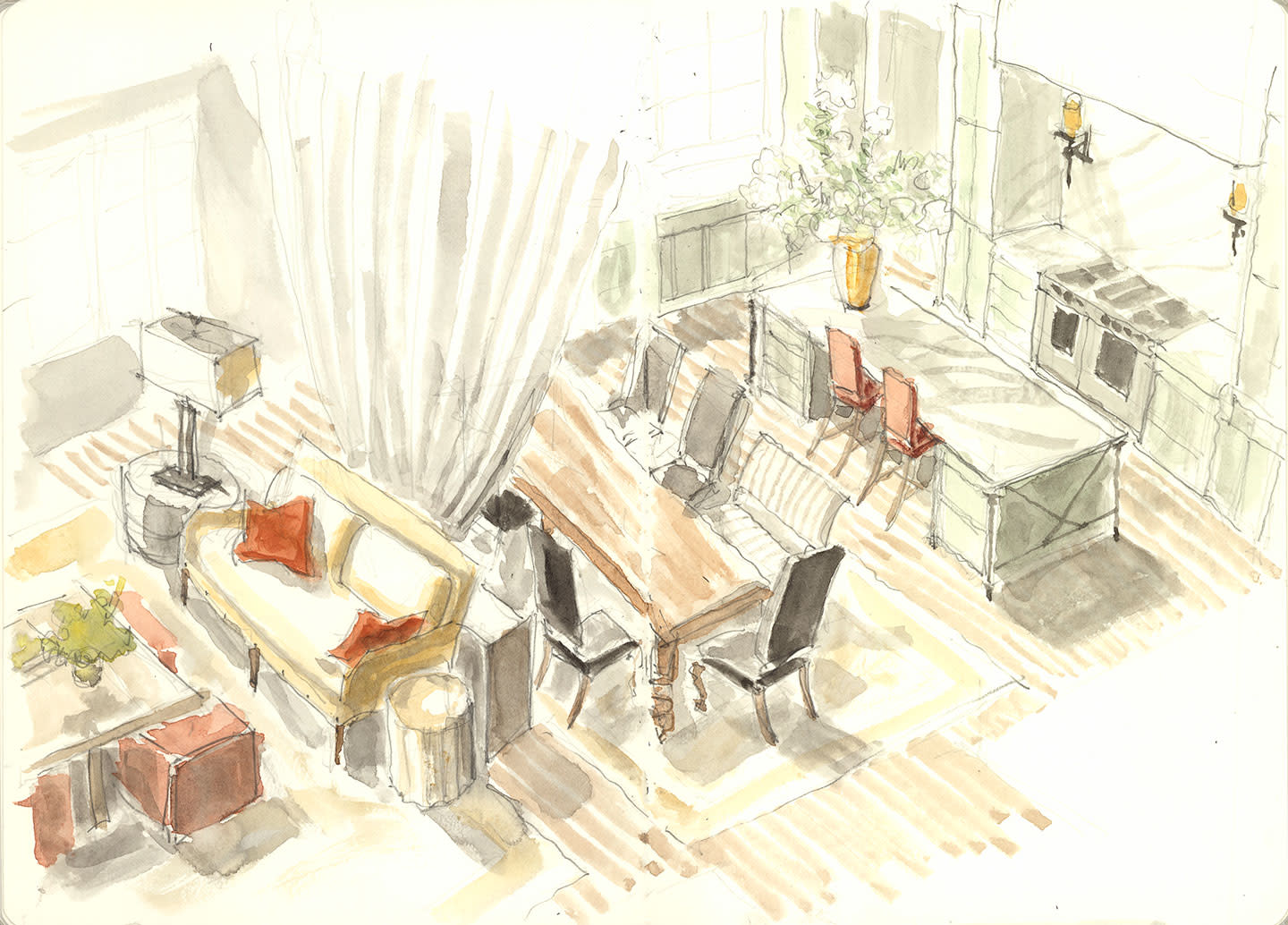 Designer Marcus  Mohon sketch of Round Top designer showhouse great room 