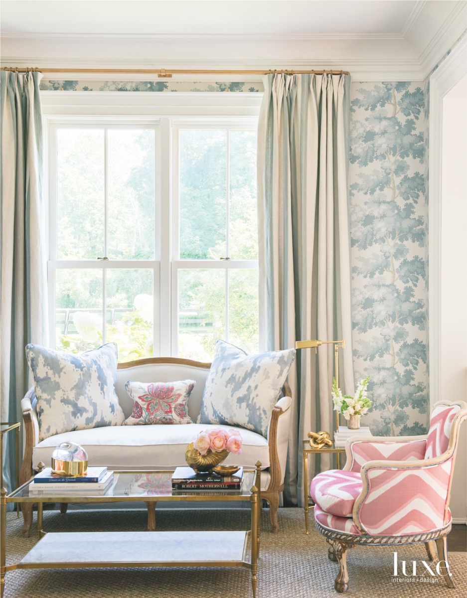 traditional living room pink chair