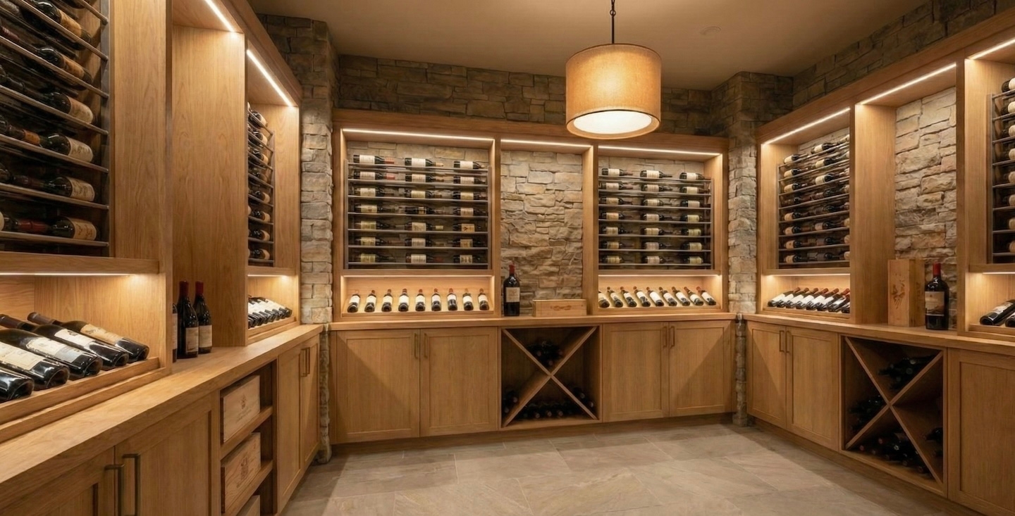 A warmly lit wine cellar with wooden shelving, filled with wine bottles. Stone walls and a central pendant light create a cozy, elegant atmosphere.