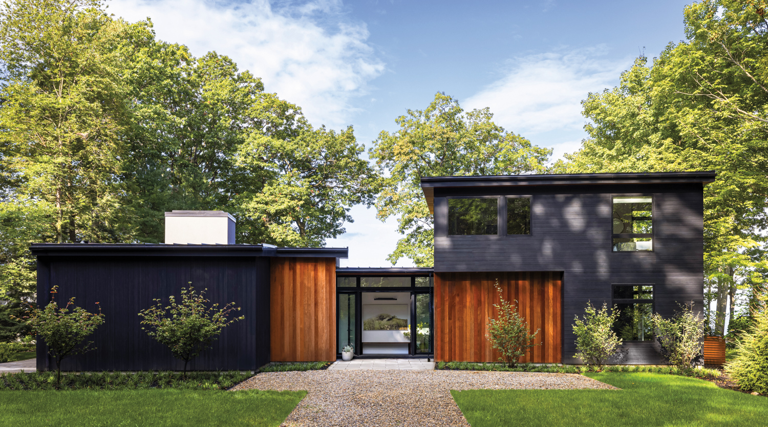 exterior of a contemporary home with ipe-and-black-wood cladding