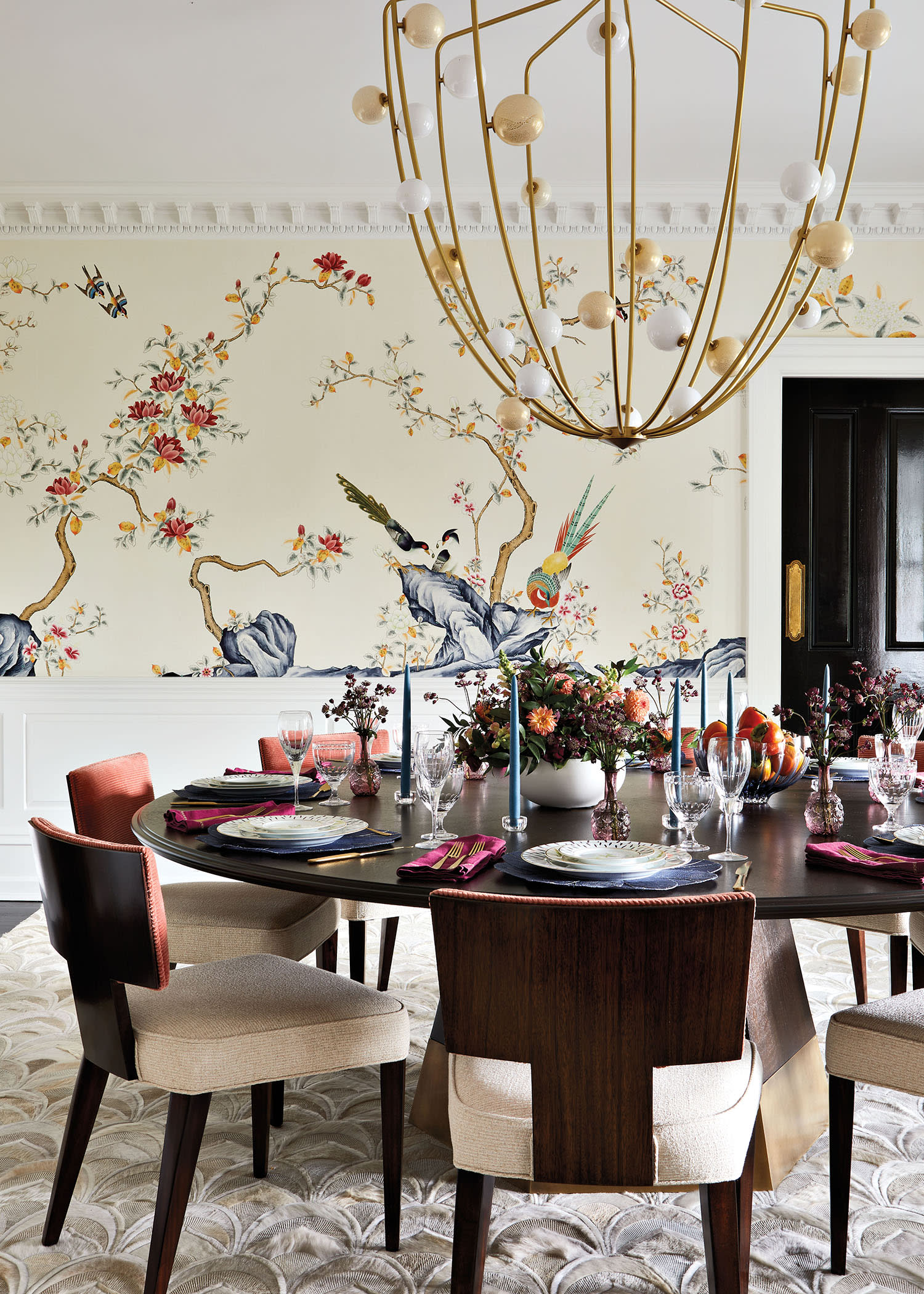 De Gournay’s Japanese Garden wallpaper surround a formal dining room