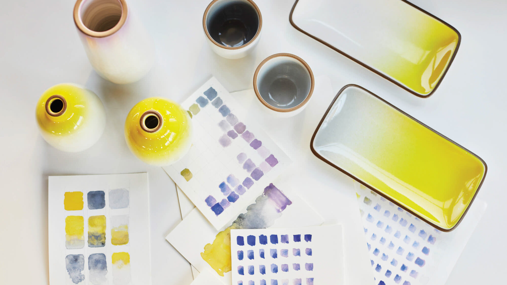 white and yellow platter with paint swatches