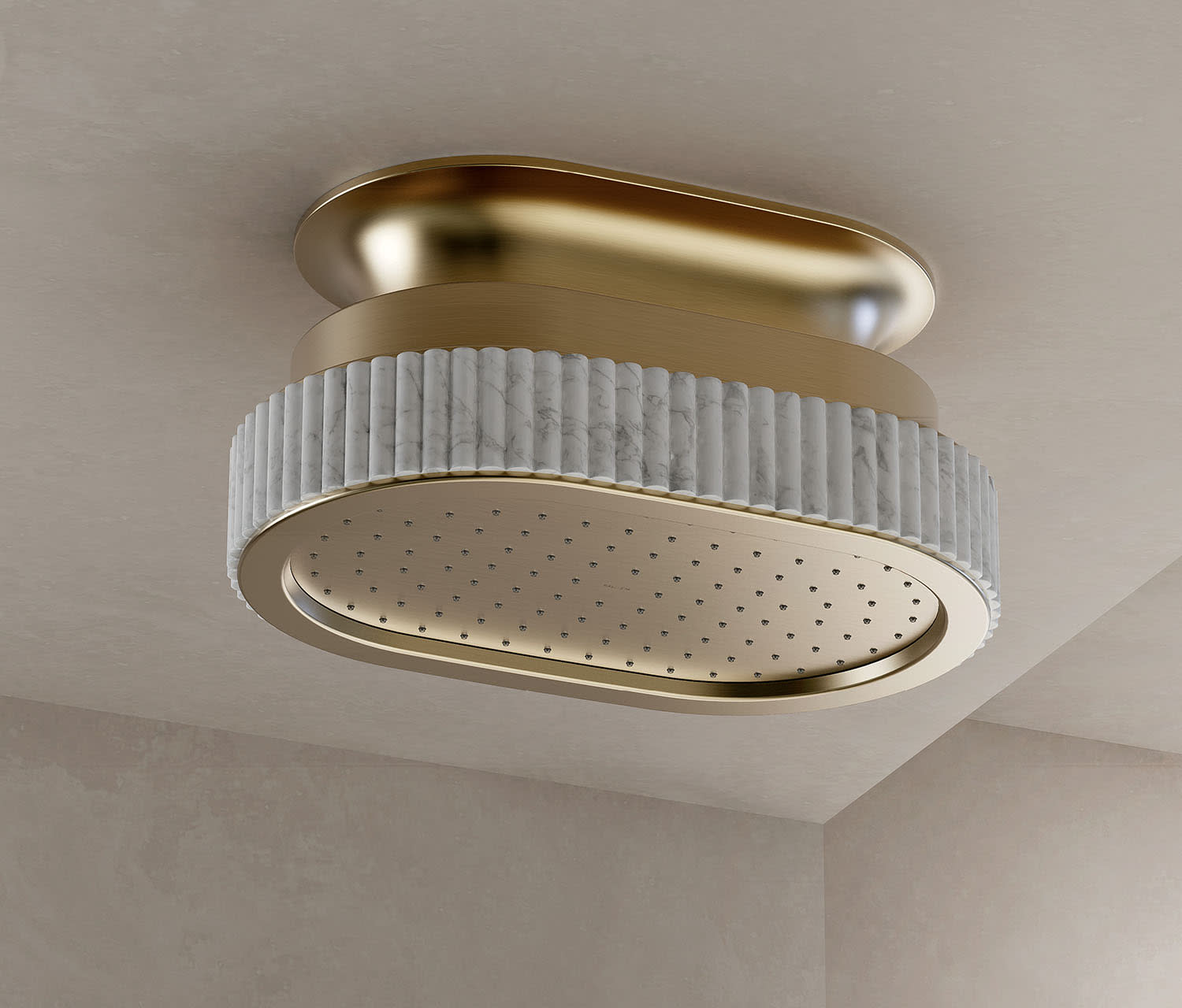 An rain shower head with an oval shape and stone trim in a fluted pattern around the edge.