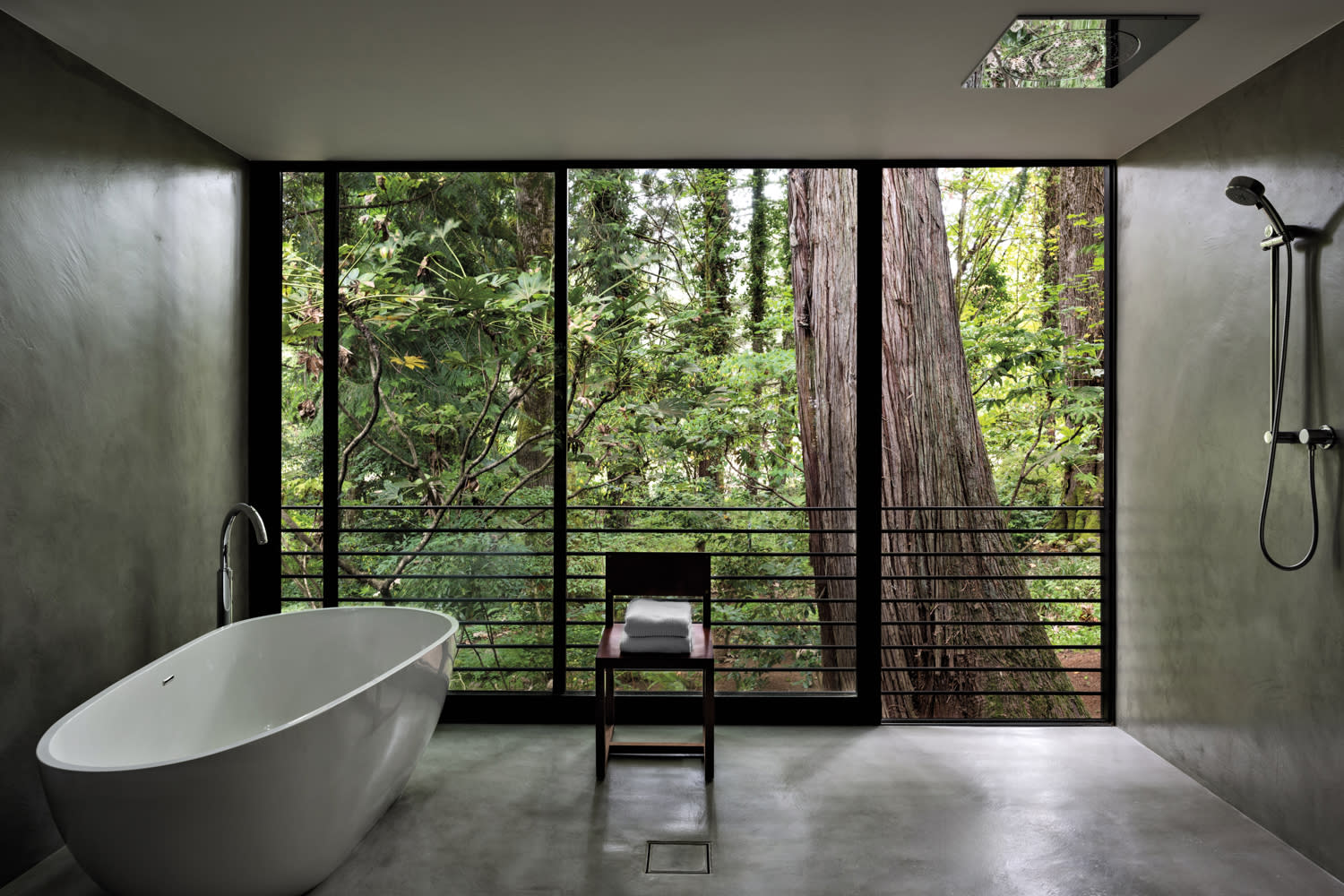 moody bathroom with a glass wall facing the forest
