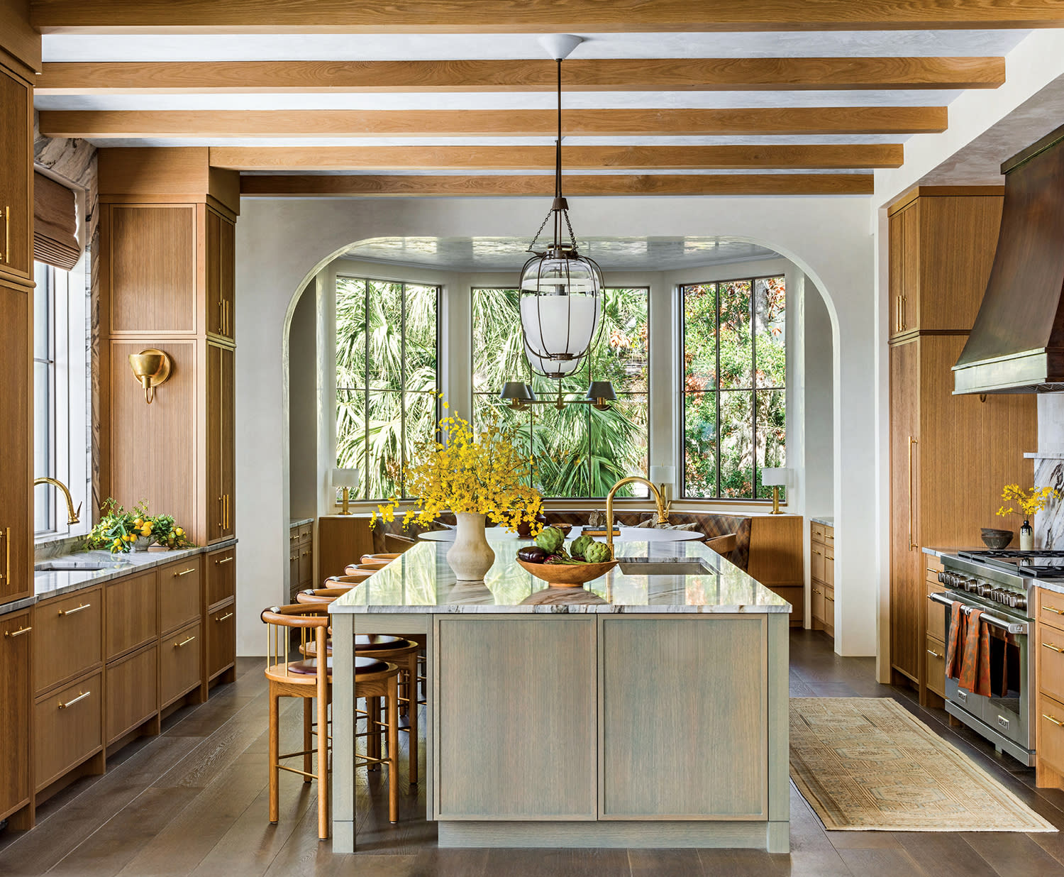 exposed beams in a modern organic kitchen 