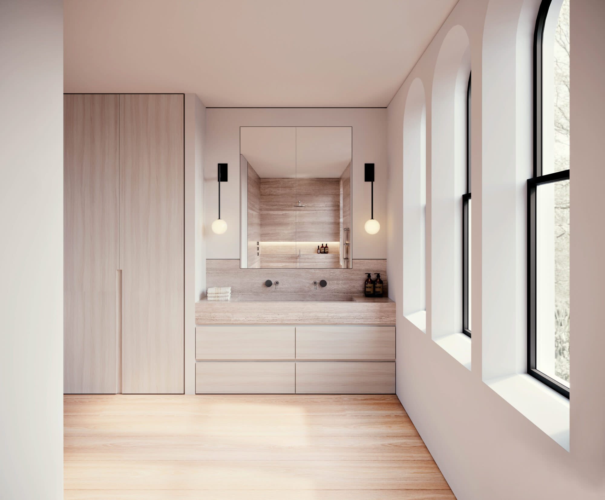 pink and nueutral bathroom with windows