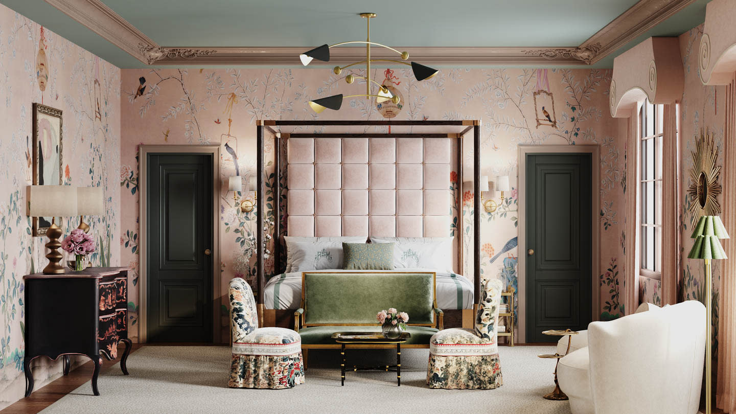 Luxurious bedroom with a pastel pink and floral theme, featuring a plush canopy bed, vintage furniture, ornate wallpaper, and a modern chandelier.