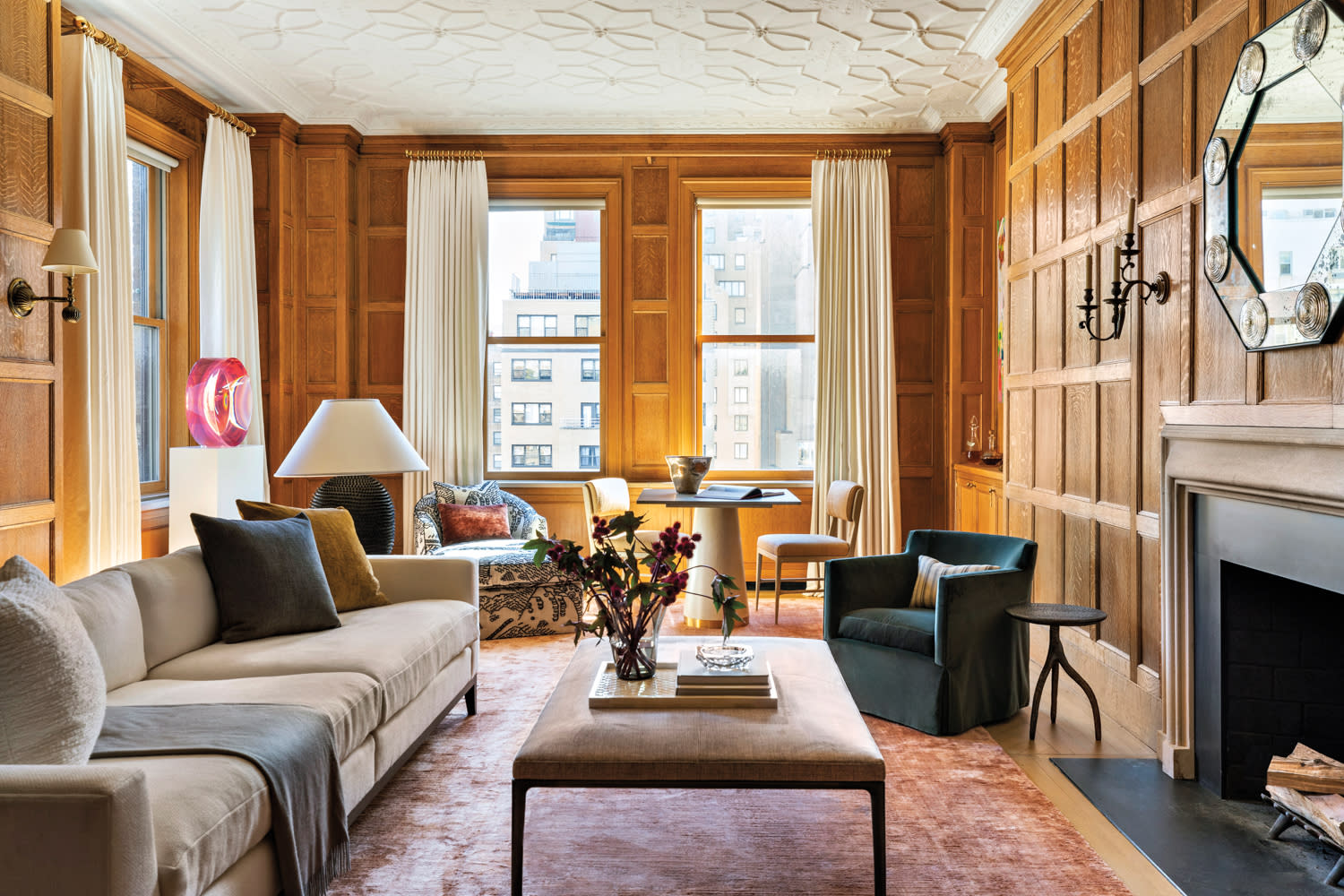 wood paneled living room with custom sofa in home by Marie Flanigan