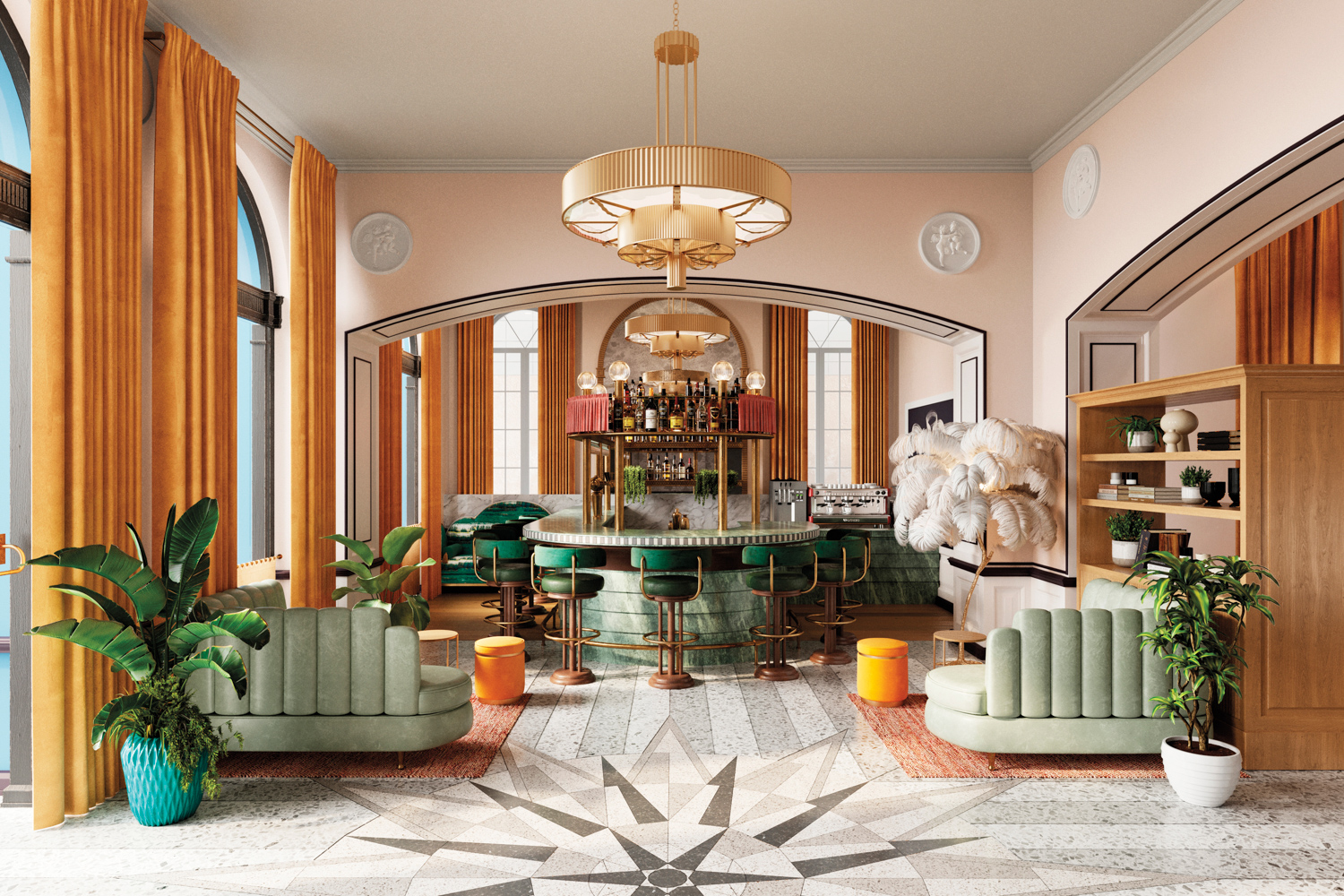 Interior shot of the Georgian hotel with an Art Deco-inspired sunburst motif on the floor, curved furnished and a semi-circle-shaped bar