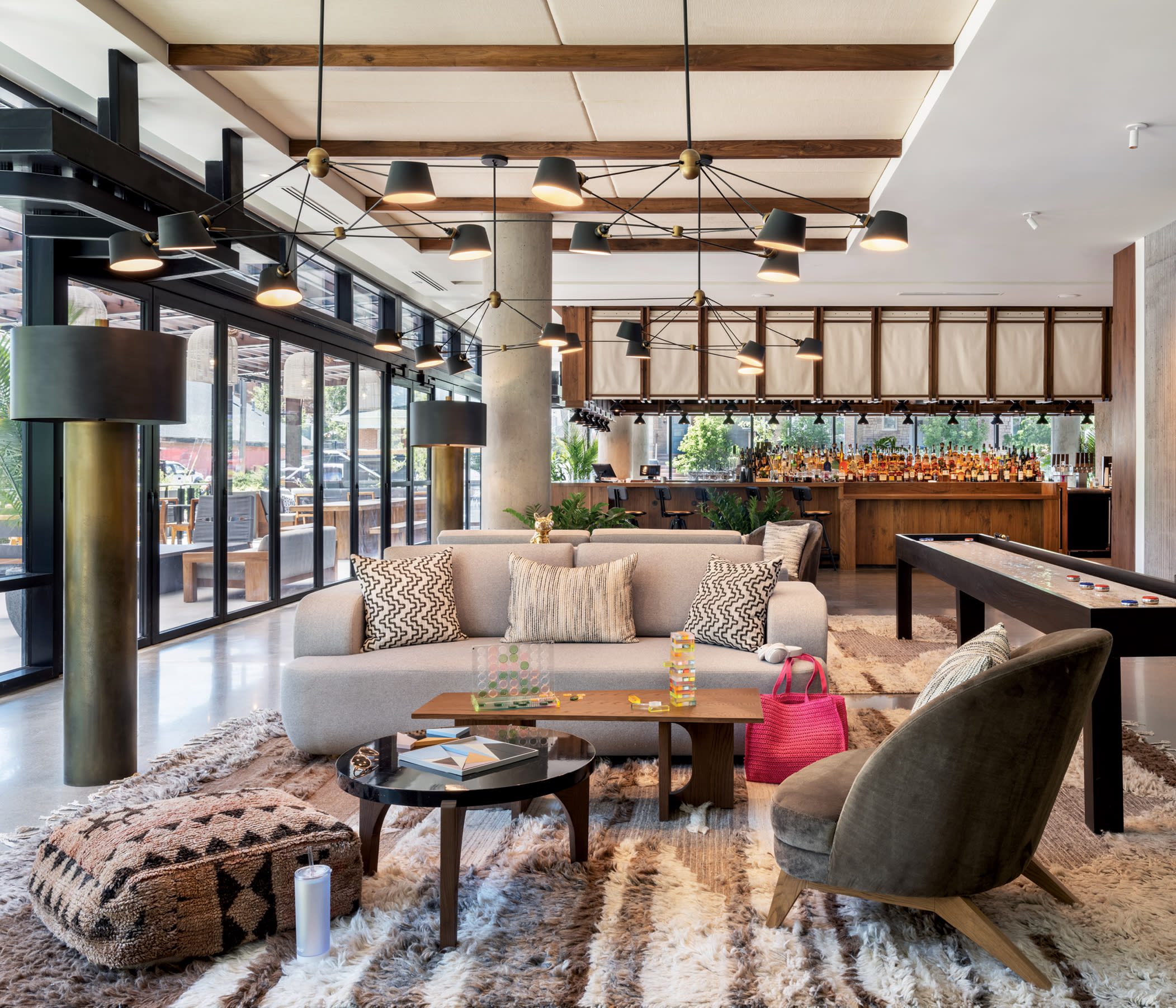 modern hotel lounge at Moxy Boulder