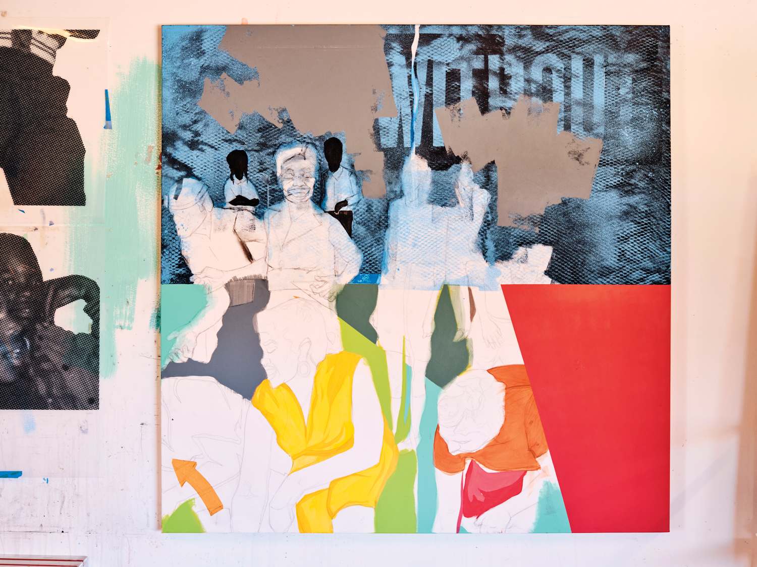 unfinished artwork using acrylic paint and screen printing techniques, with sketched figures