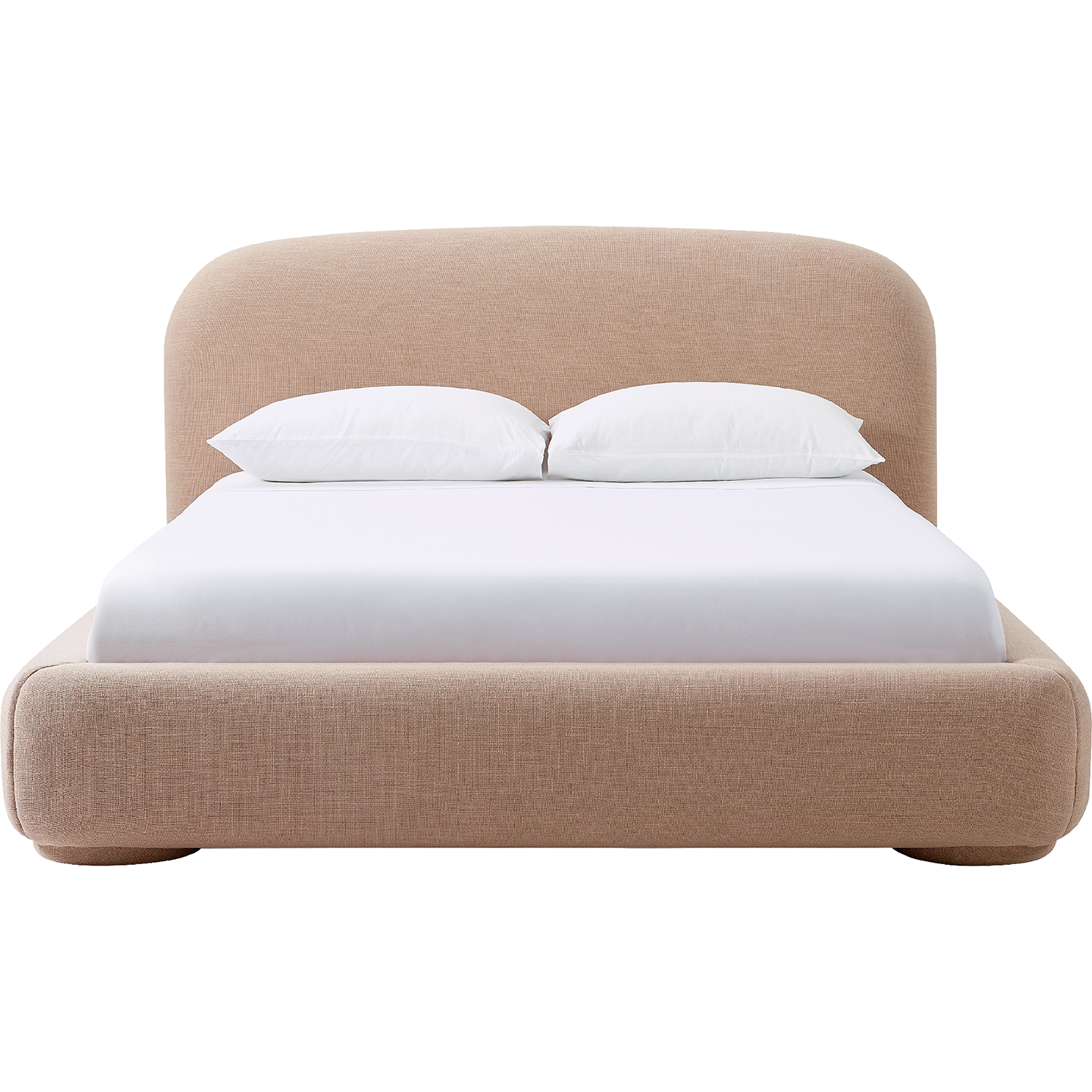 A mattress and two pillows sit on a beige fabric bed frame with a curved headboard.