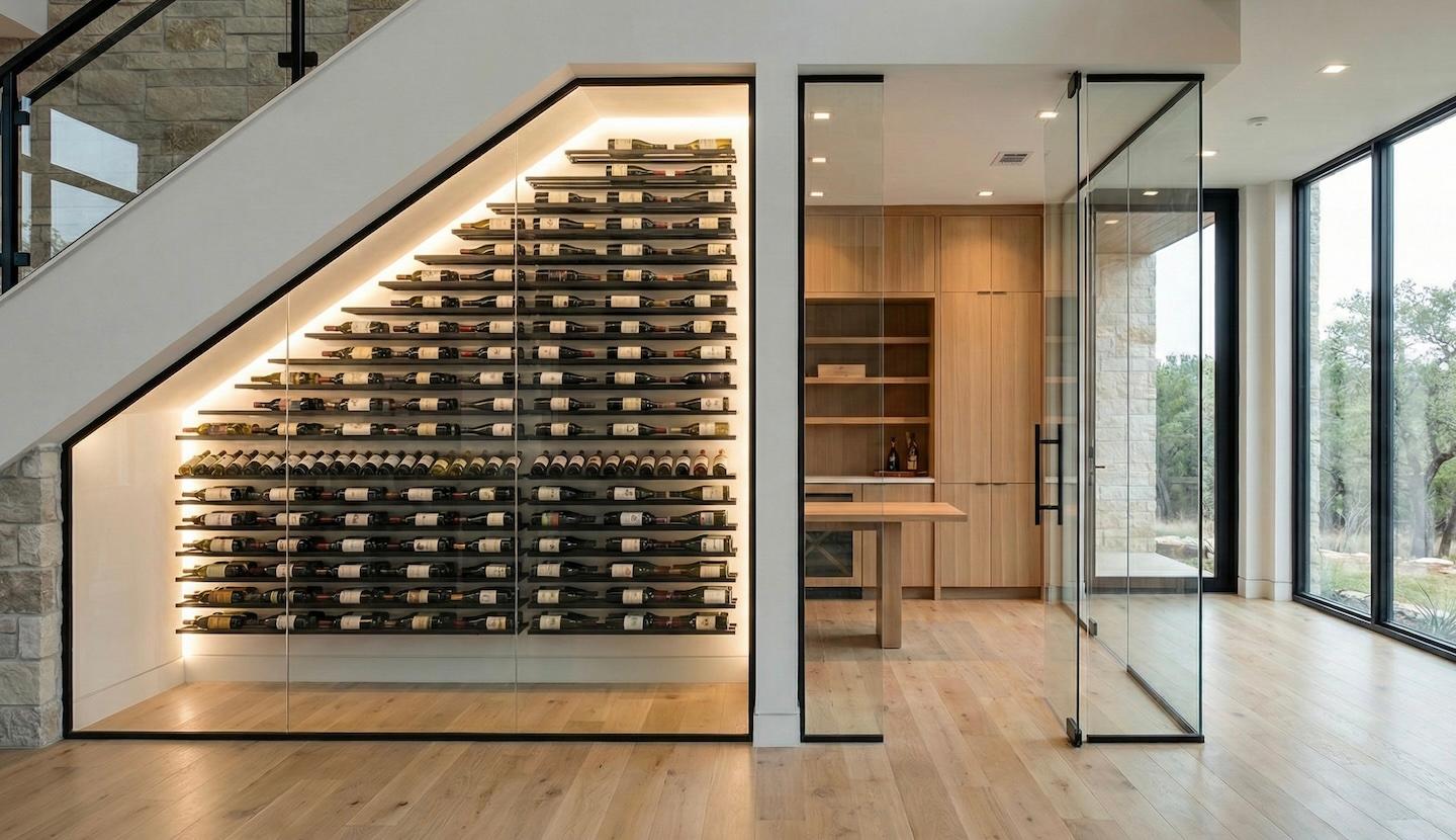 A modern room with a sleek, under-stair wine display showcasing rows of wine bottles on illuminated shelves. Glass doors lead to a cozy wooden interior.