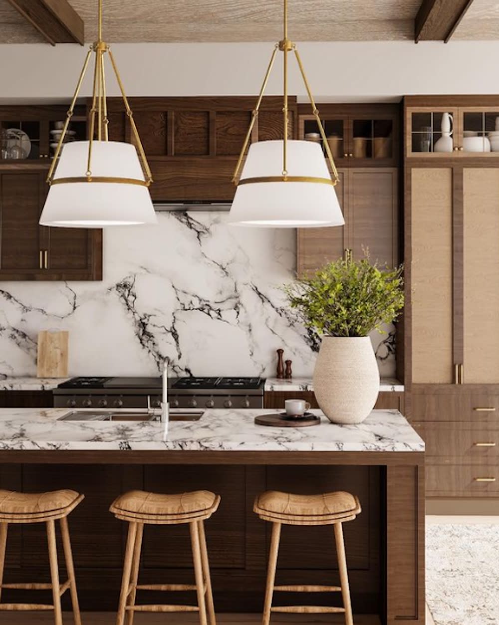 Stylish kitchen with marble counters and wooden cabinets.