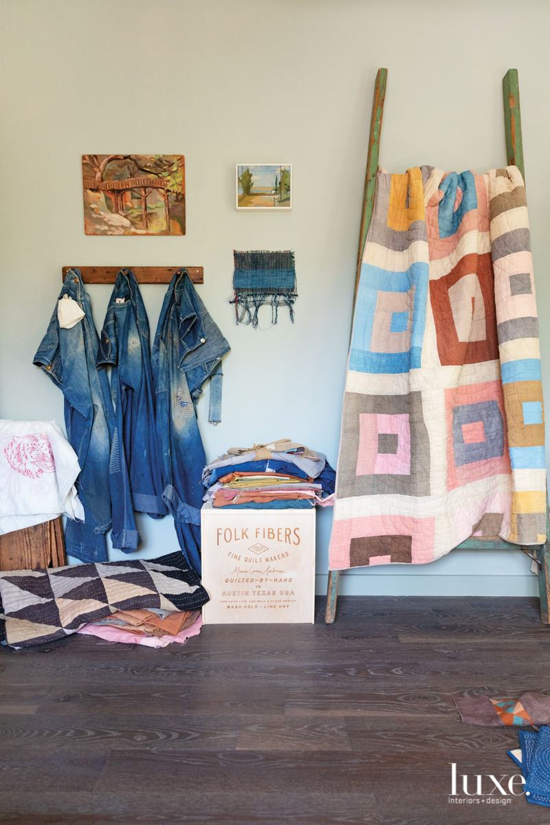 Ambrose hand-stitches each quilt using Japanese sashiko thread before packaging it in an heirloom cedar box.