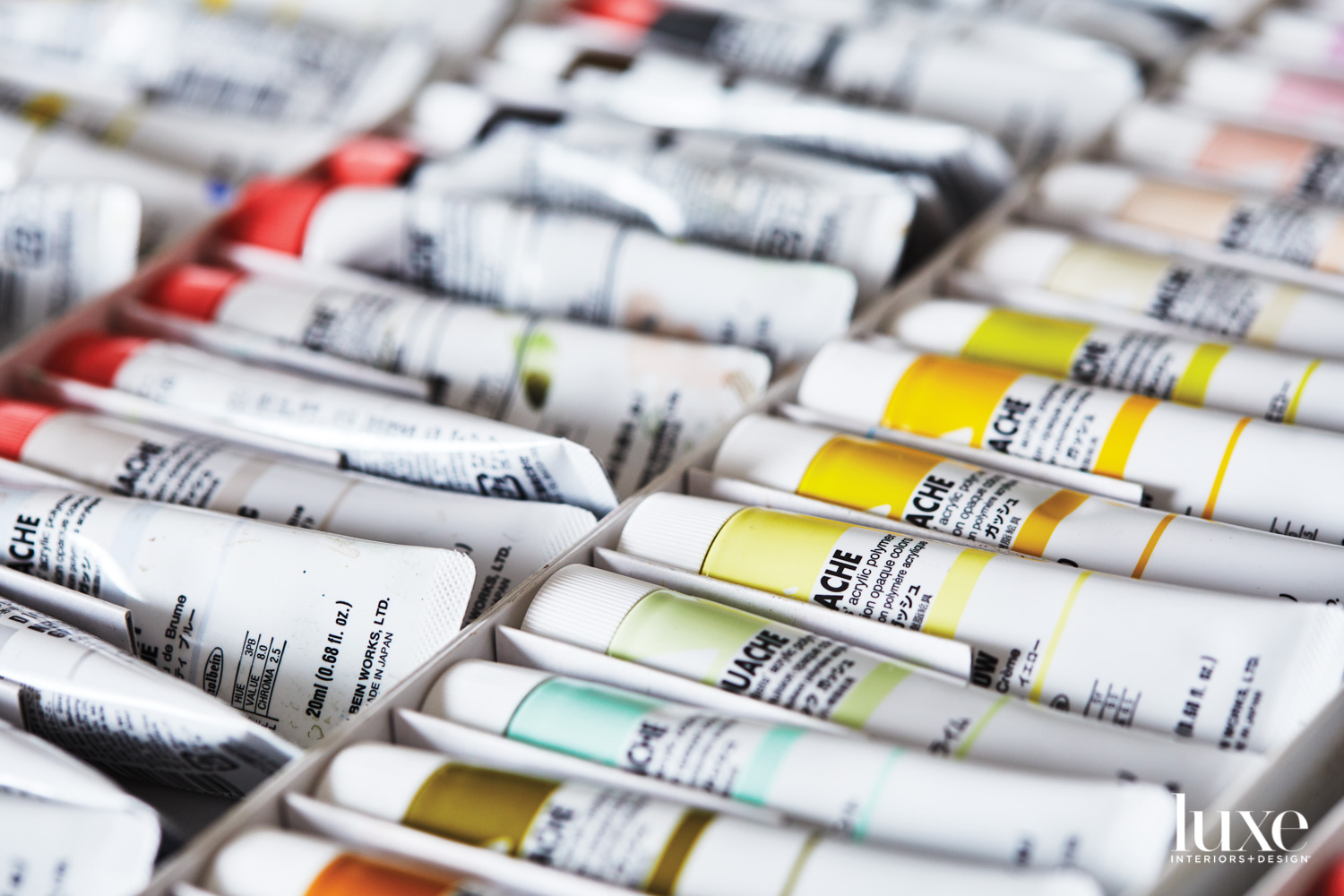 A tray of gouache paints