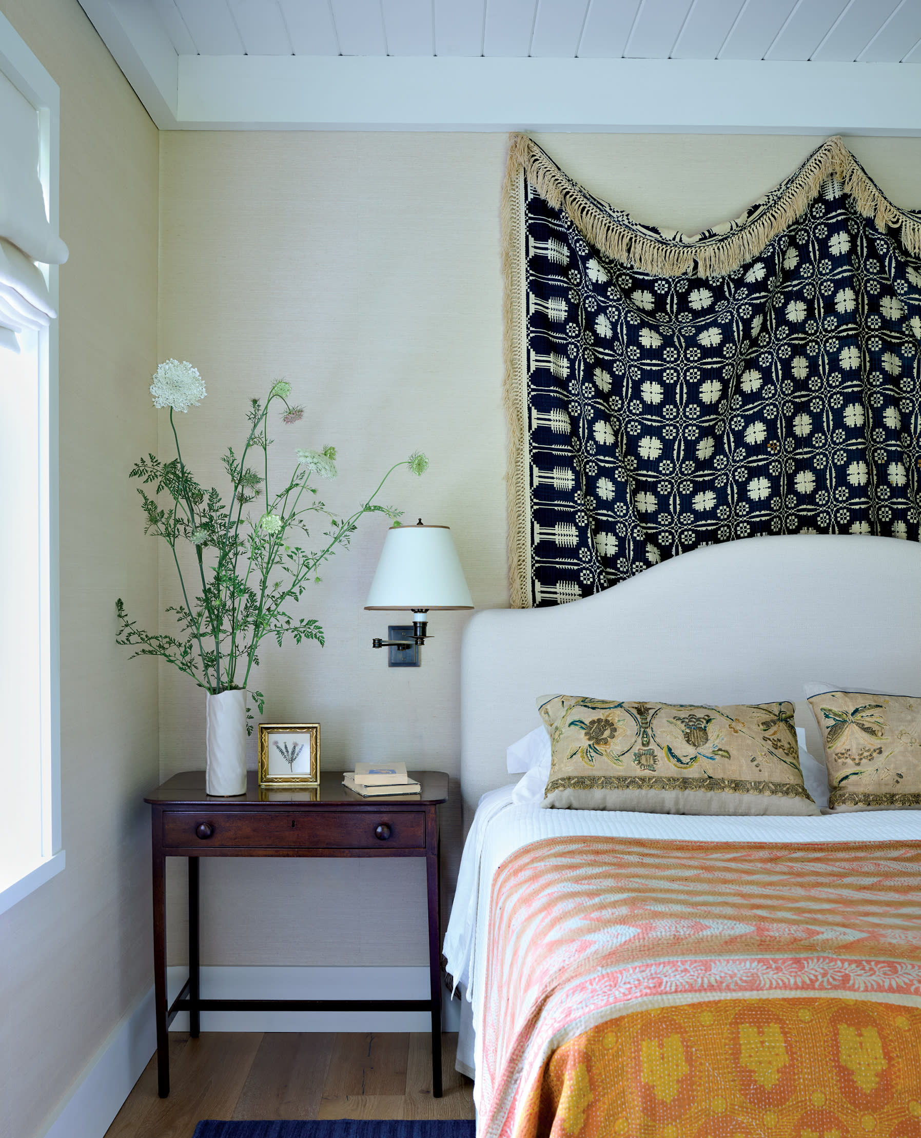 cozy guest room with mixed pattern fabrics