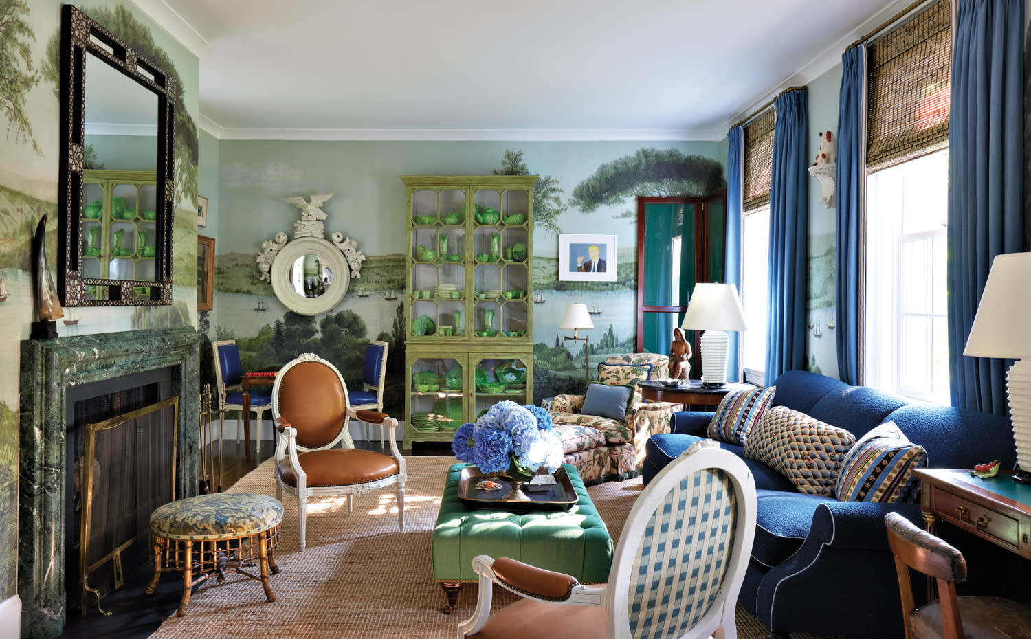 vintage accents make up a maximalist living room