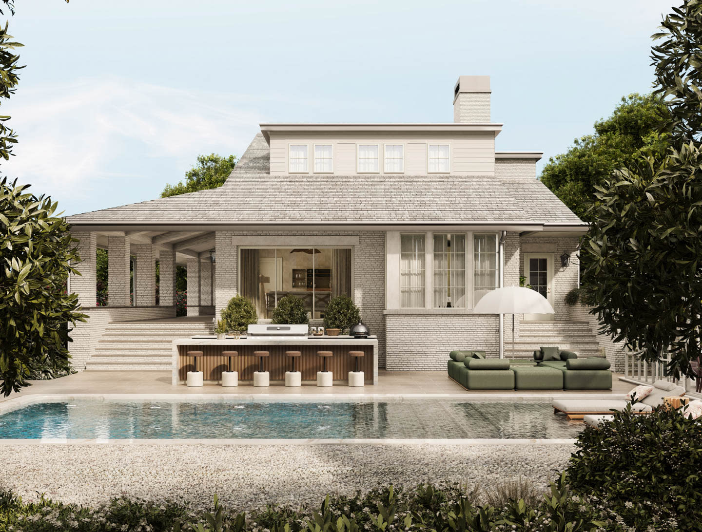 Luxurious modern house with a brick exterior overlooking a sparkling pool. Features include a shaded patio, outdoor bar, and lush greenery, evoking a serene atmosphere.