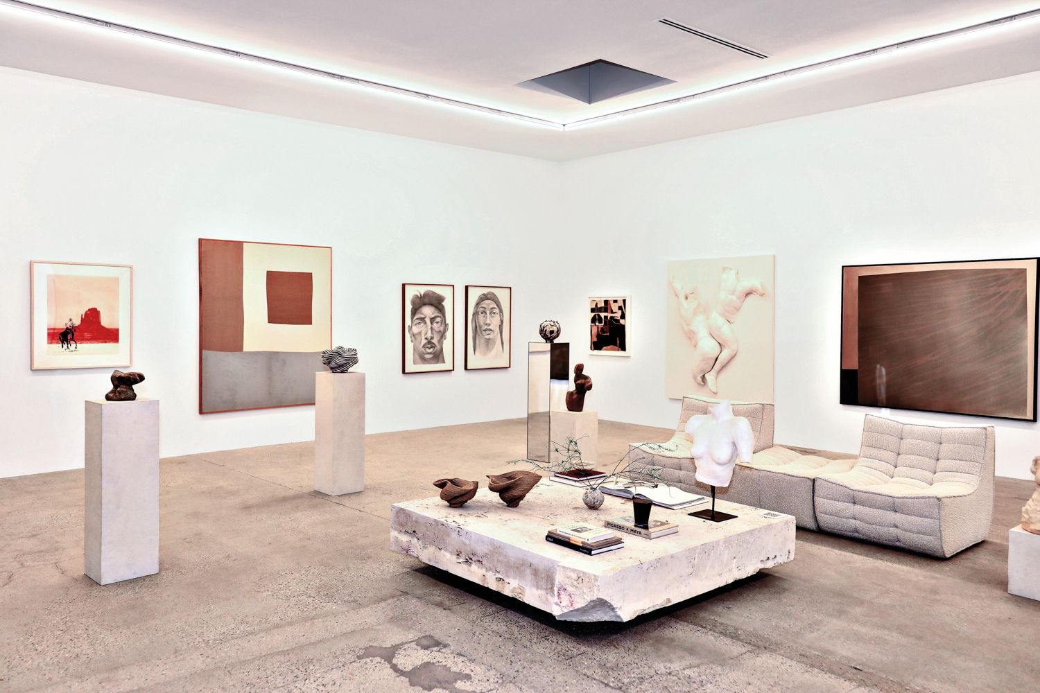 Wide angle shot of the Tappan Collective gallery with artworks and sculptures on display