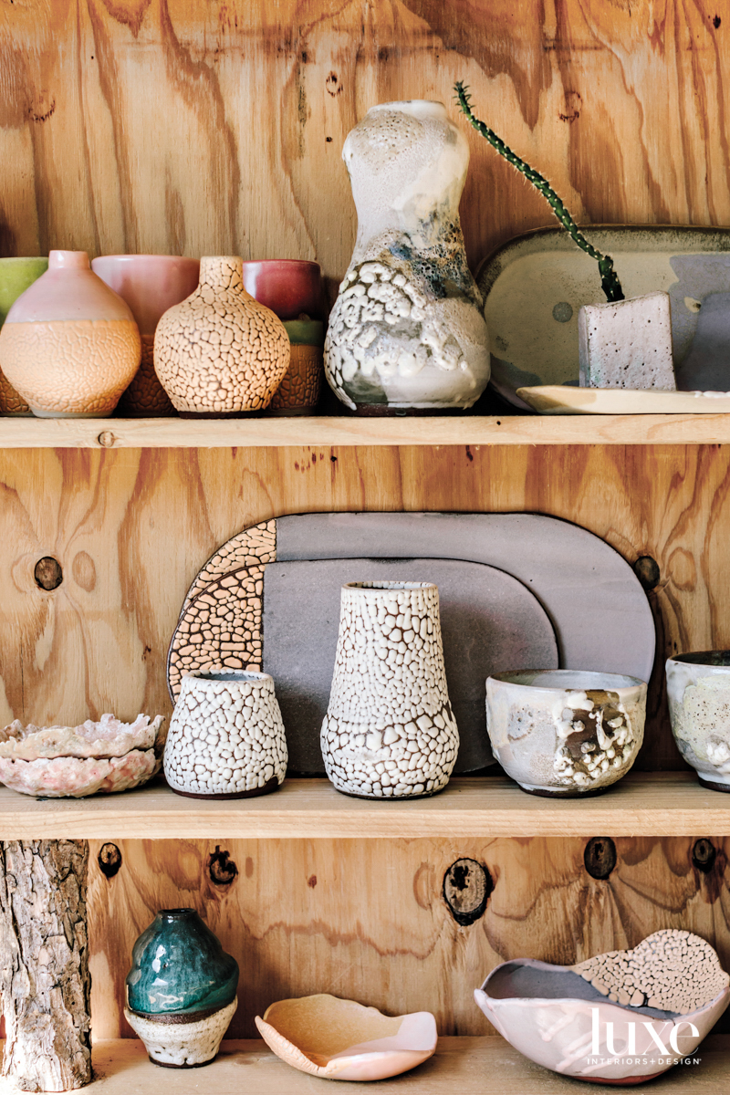Close up of ceramic vessels with various glazes