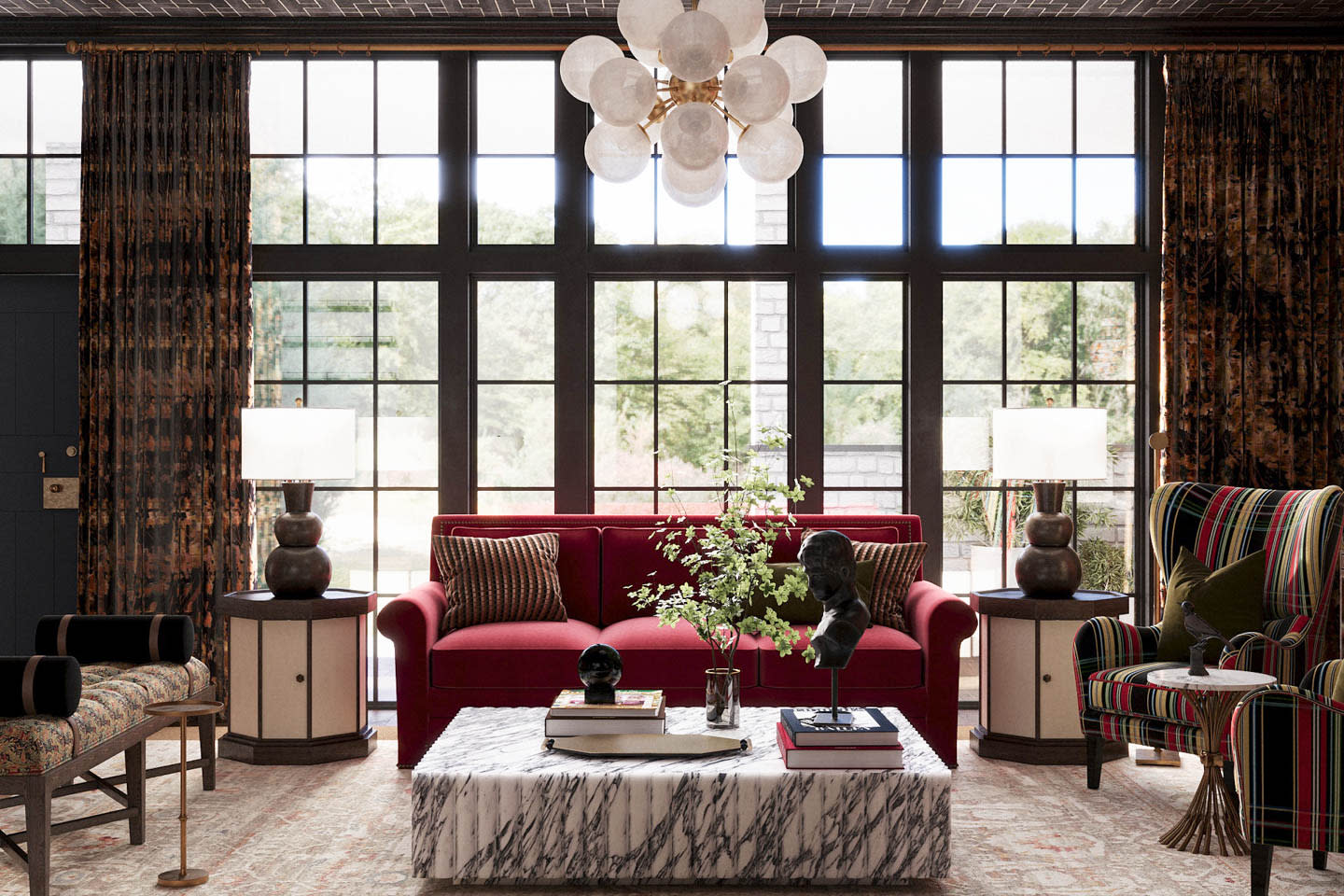 A modern living room with a striking red couch and a coffee table, designed for relaxation and social gatherings.