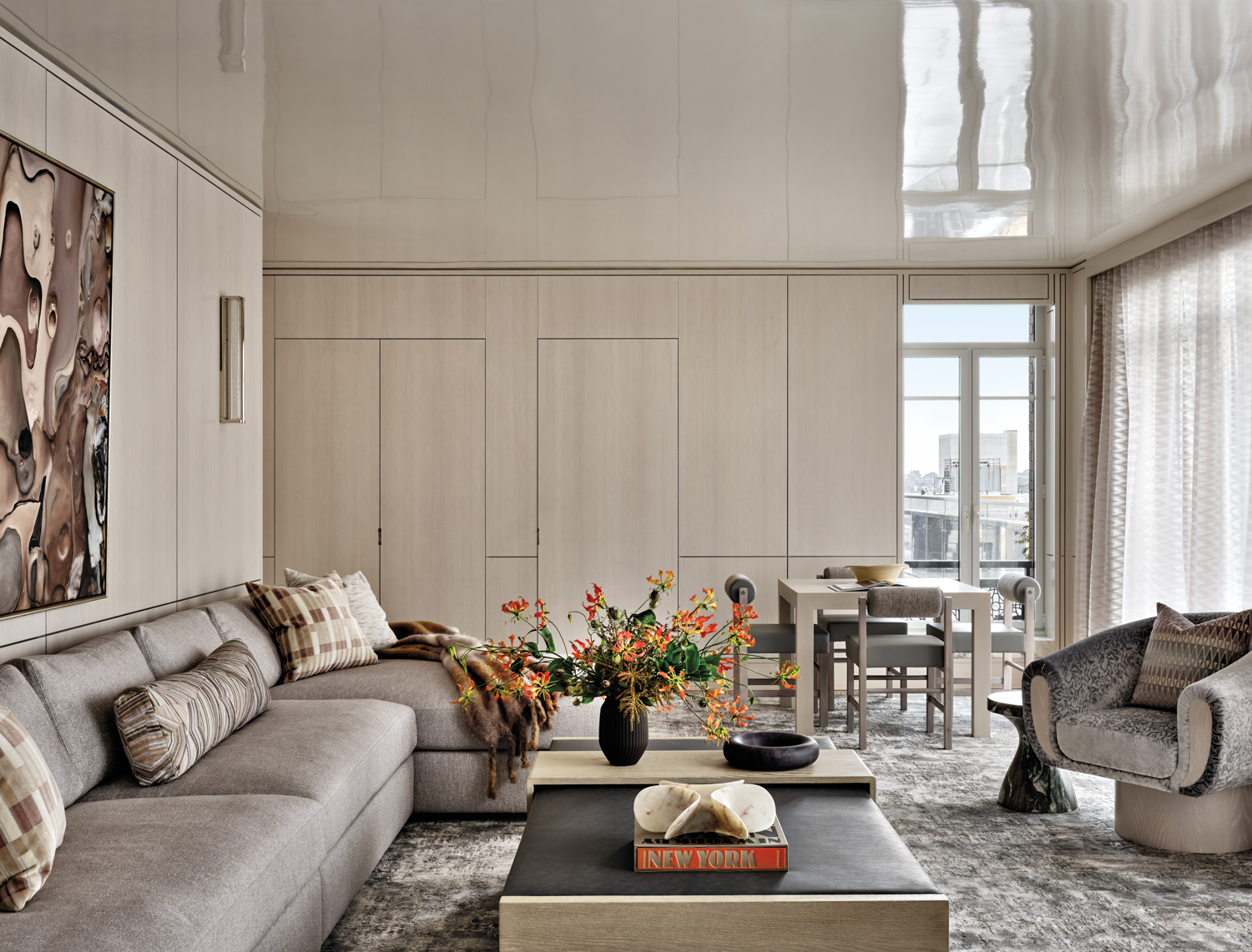 modern living room with white oak paneling